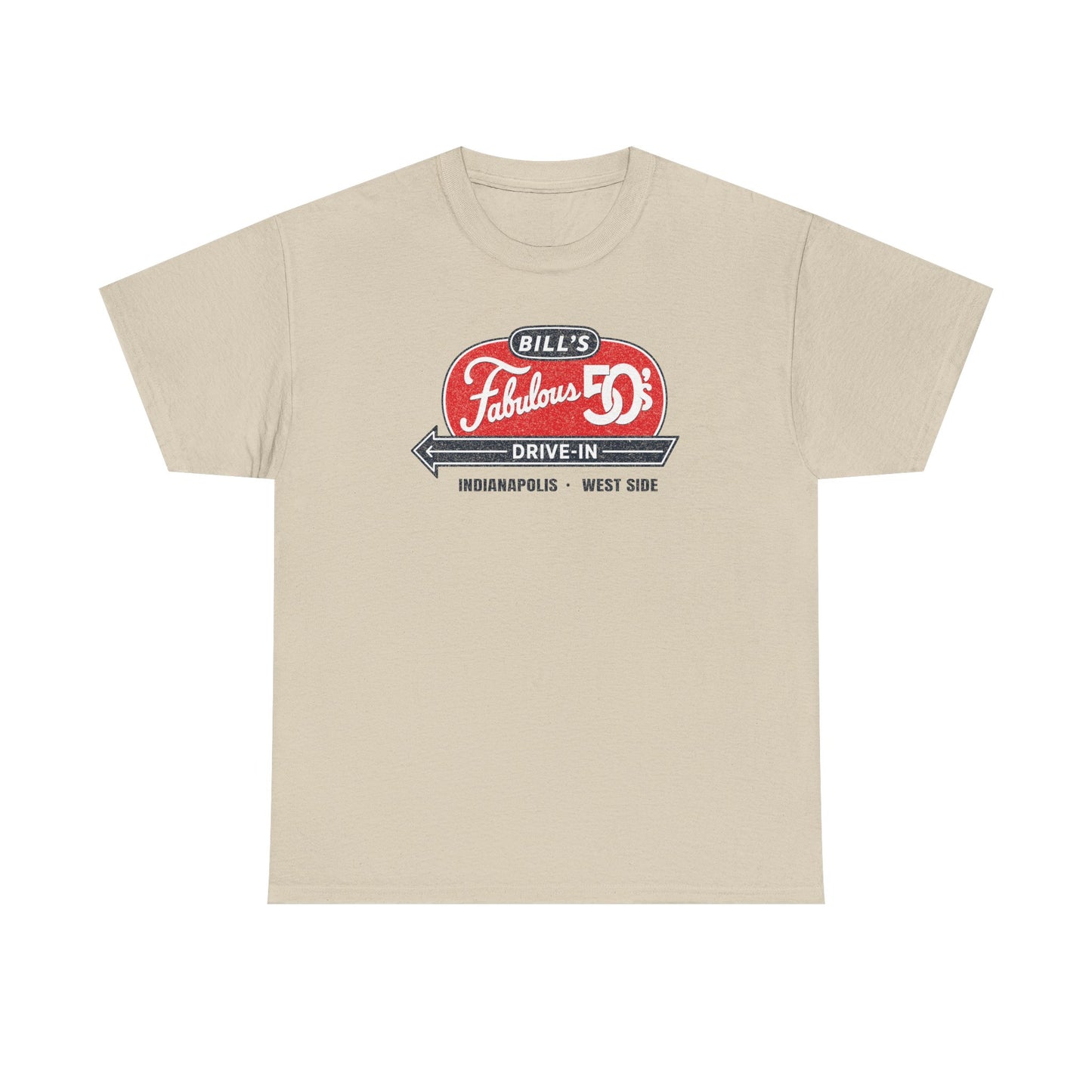 Vintage Bill's Fabulous 50's Drive-In t-shirt featuring retro roadside sign artwork inspired by the classic Indianapolis west side restaurant.