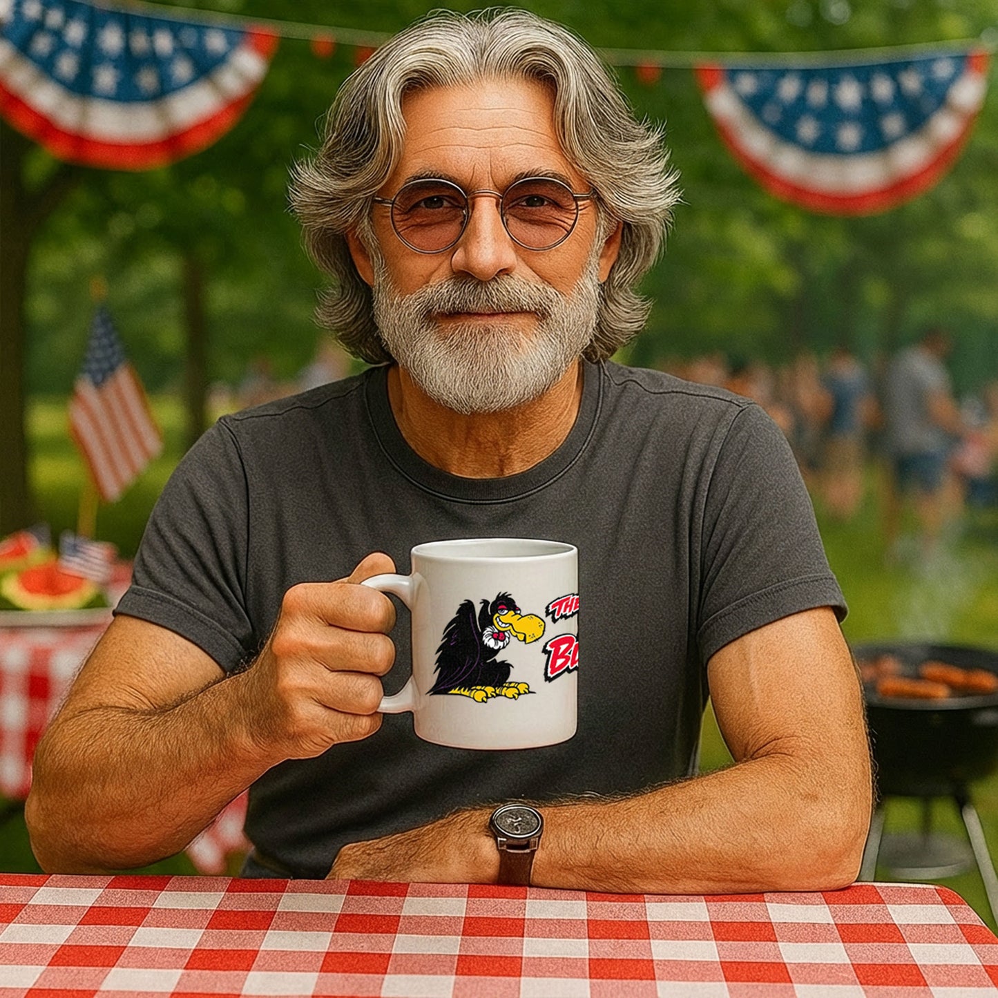 Man with Indianapolis Wrath of the Buzzard coffee mug at a picnic