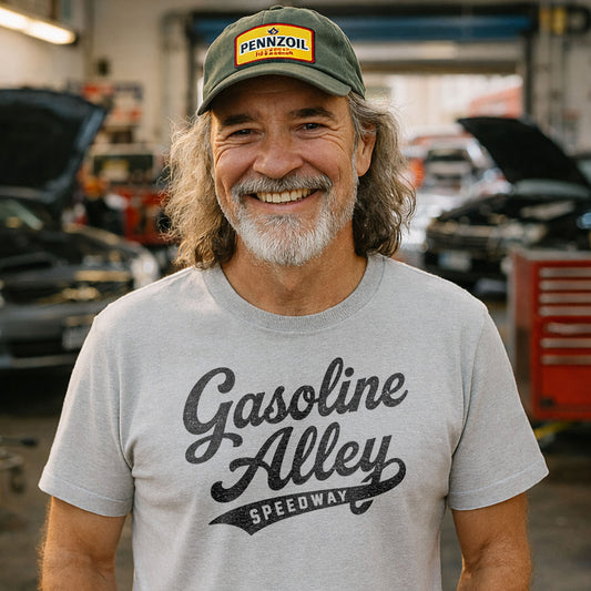 gasoline alley speedway t shirt on man in auto garage vintage racing graphic tee