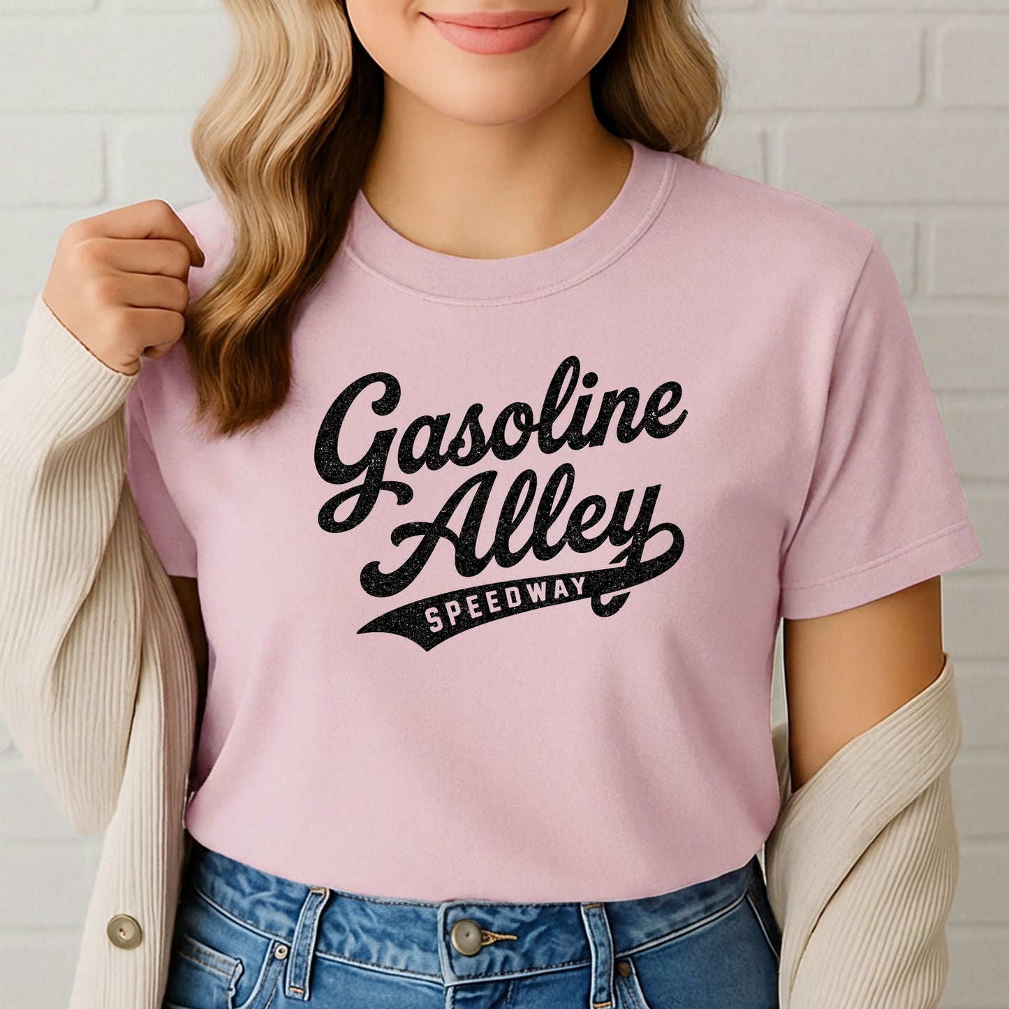 gasoline alley speedway graphic t shirt front view white shirt studio background