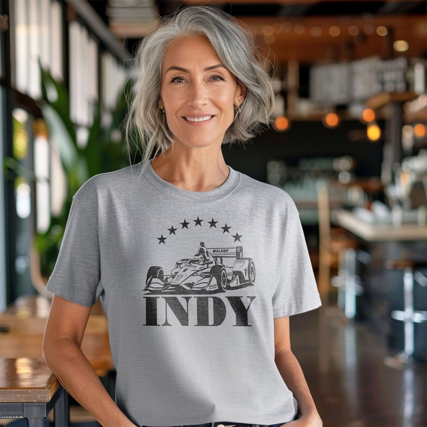 woman wearing indy racing t shirt grey casual setting vintage motorsport graphic tee