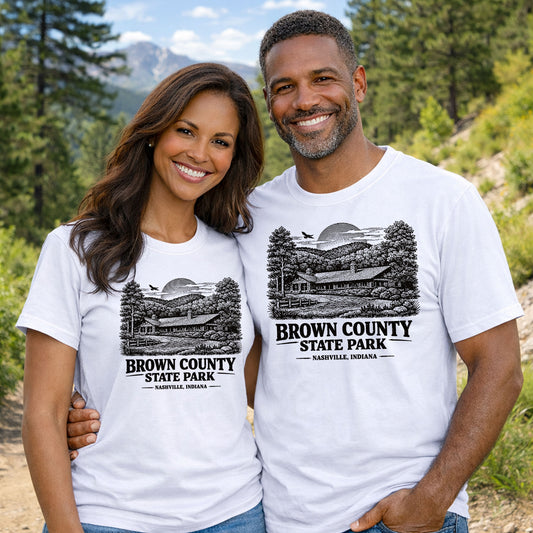 couple wearing brown county state park t shirts hiking outdoor indiana nature apparel