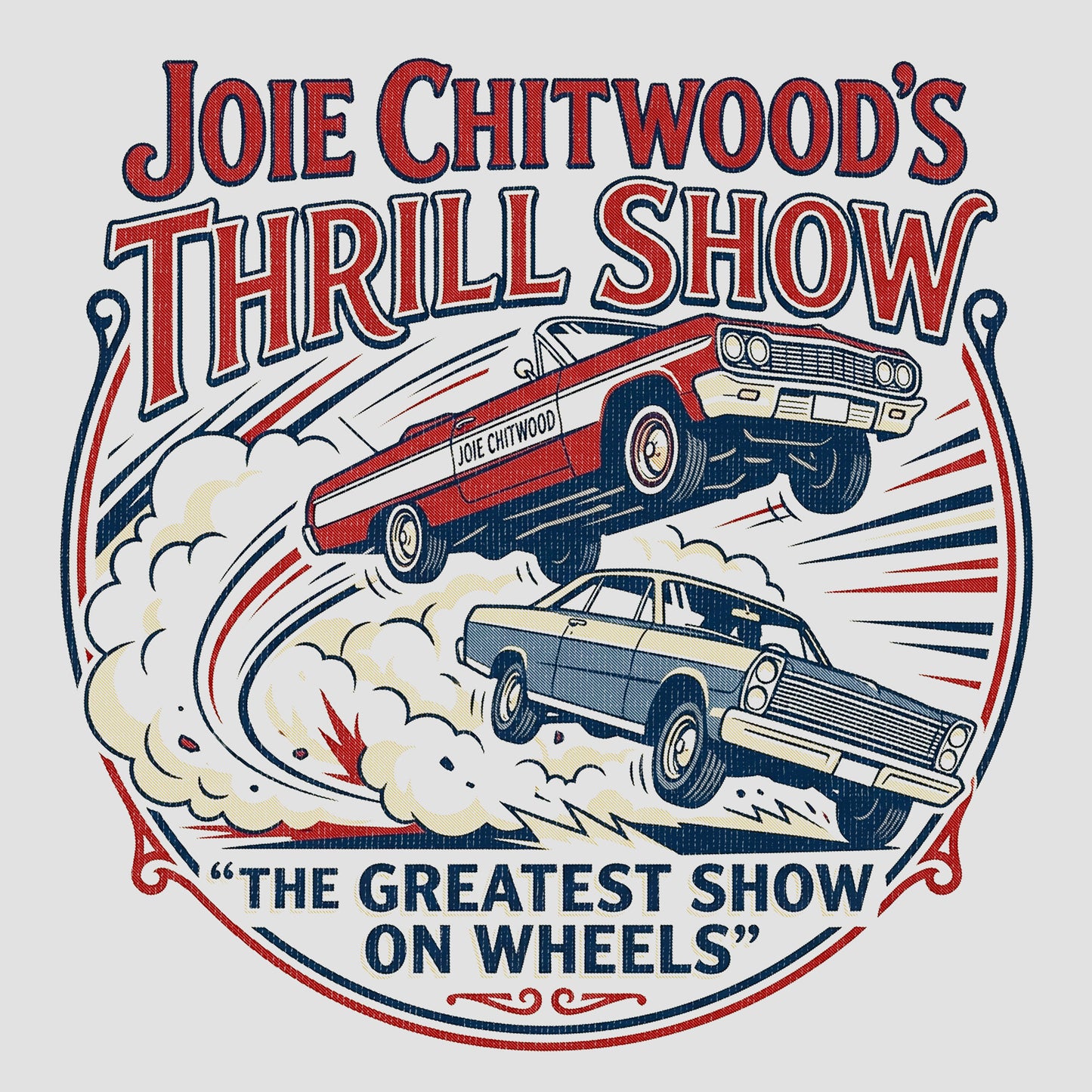 Vintage Joie Chitwood's Thrill Show t-shirt featuring classic stunt cars and retro poster-style artwork inspired by the Indiana State Fair.