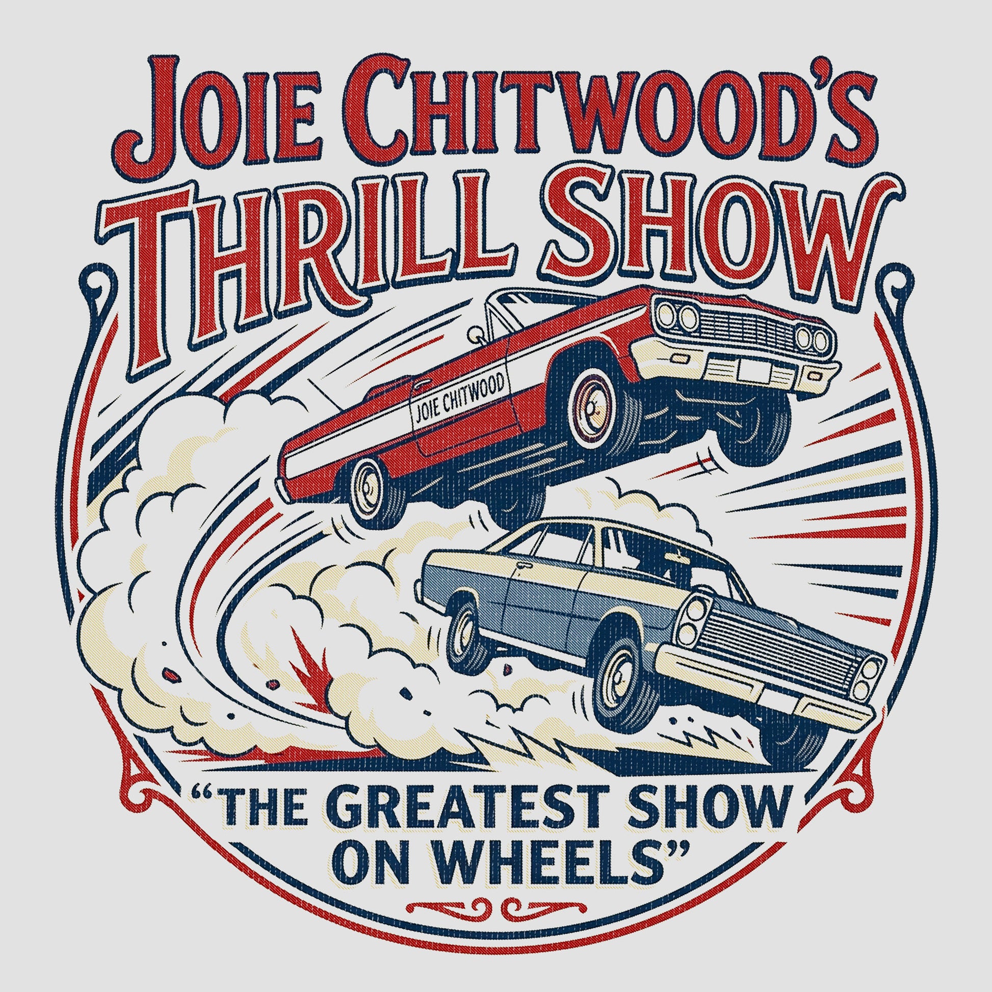 Vintage Joie Chitwood's Thrill Show t-shirt featuring classic stunt cars and retro poster-style artwork inspired by the Indiana State Fair.