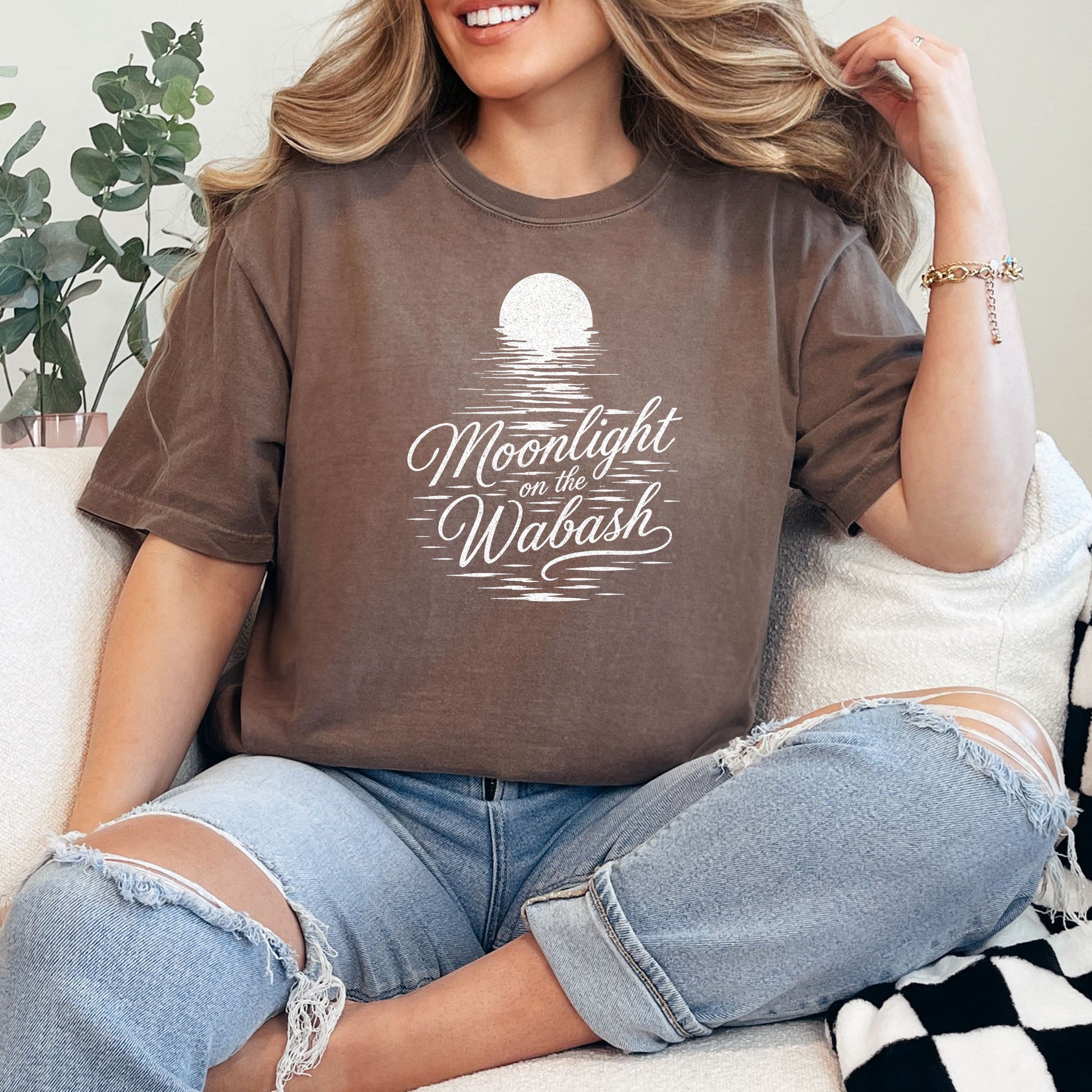 Moonlight on the Wabash Indiana design featuring a full moon reflecting across calm river water with flowing vintage script typography.