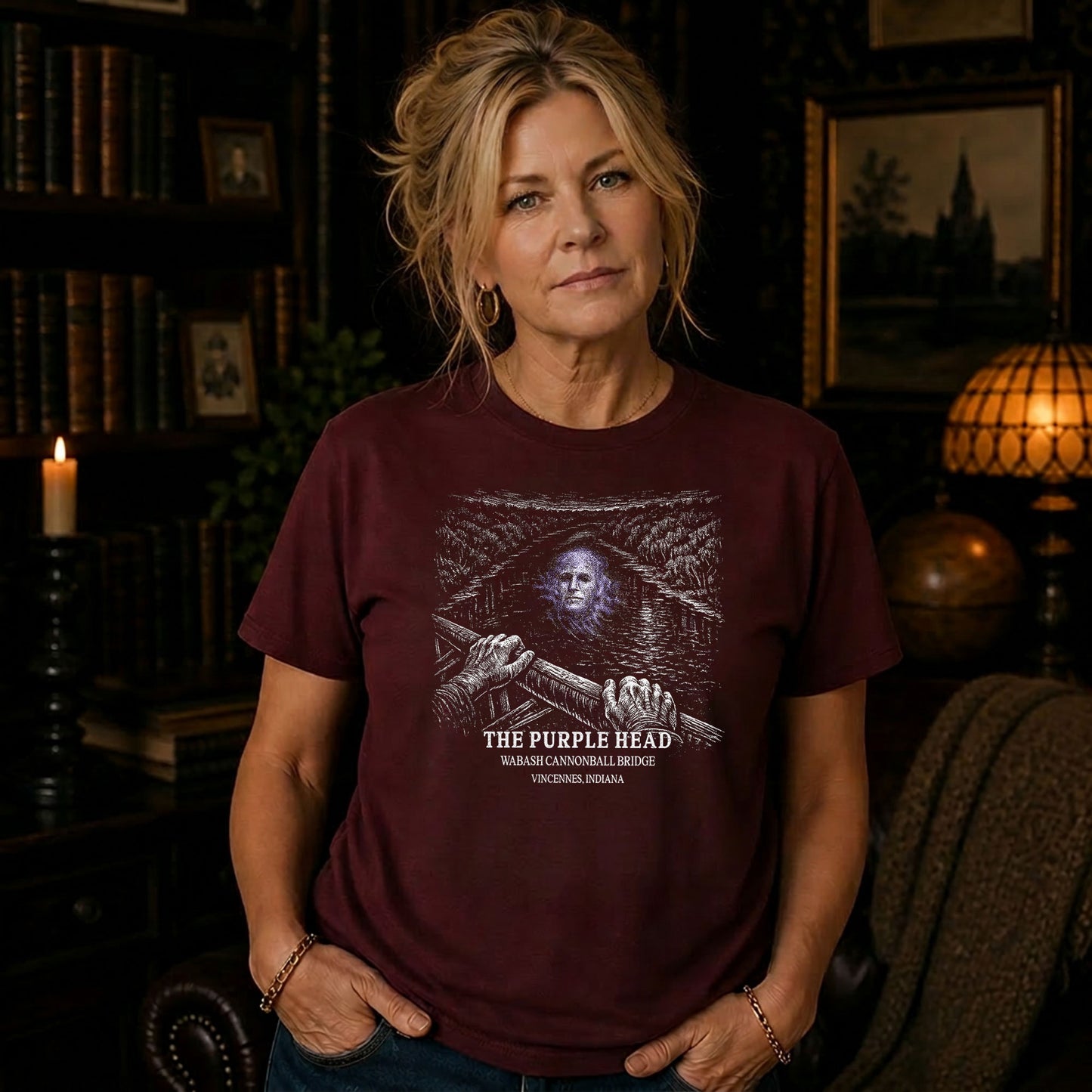 Woman wearing a Gildan 5000 t-shirt featuring a vintage Purple Head Bridge and Wabash Cannonball Bridge Indiana folklore design in an outdoor setting
