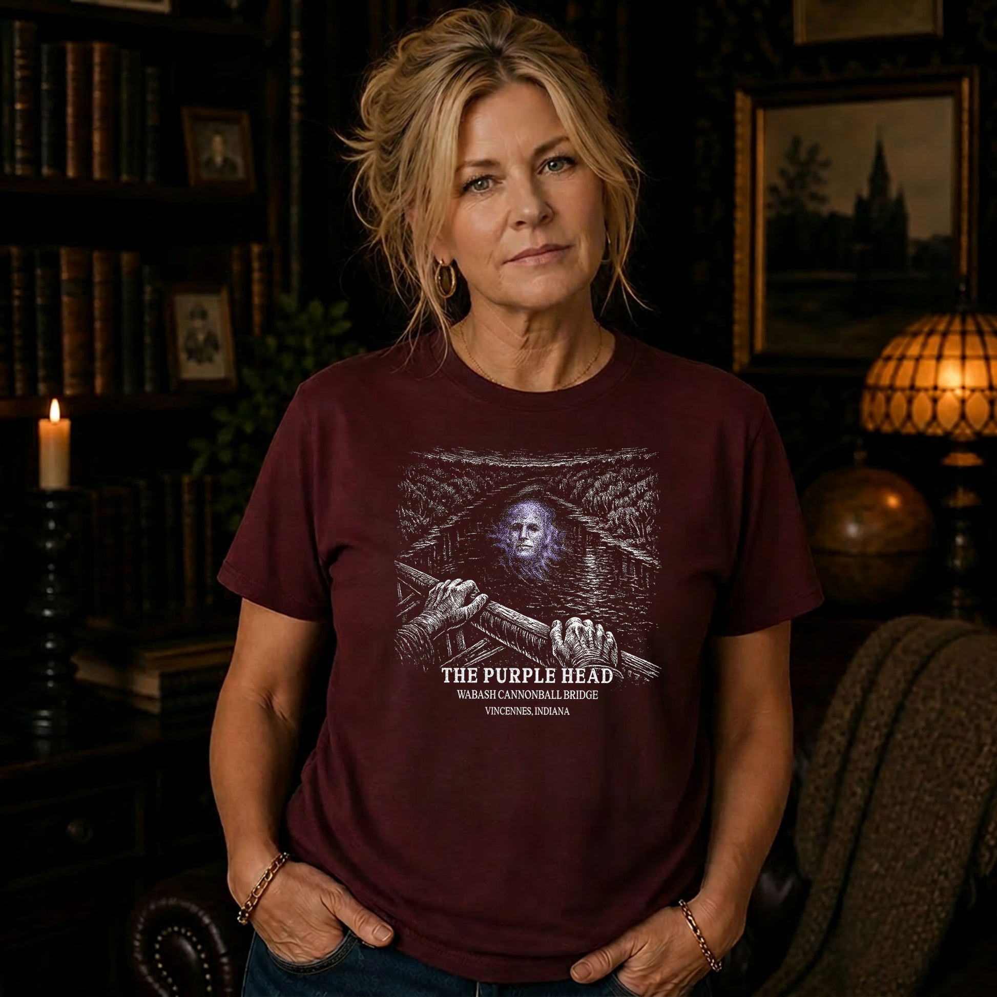 Woman wearing a Gildan 5000 t-shirt featuring a vintage Purple Head Bridge and Wabash Cannonball Bridge Indiana folklore design in an outdoor setting