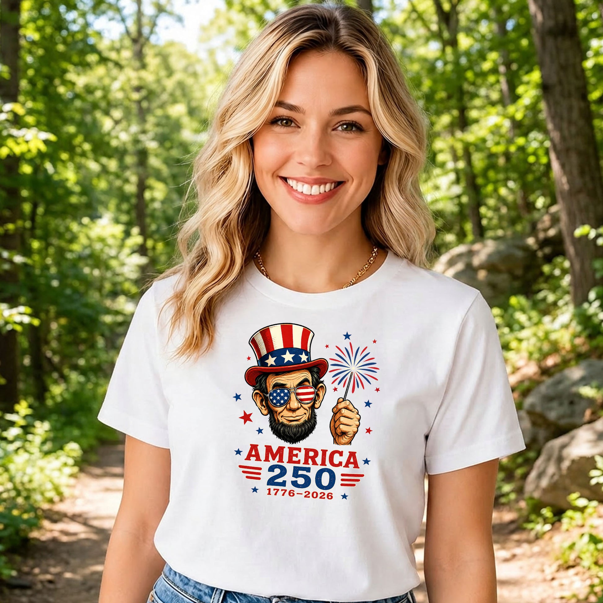 Young lady wearing an America 250 Abraham Lincoln patriotic t-shirt featuring vintage red, white, and blue anniversary artwork celebrating 250 years of American history.