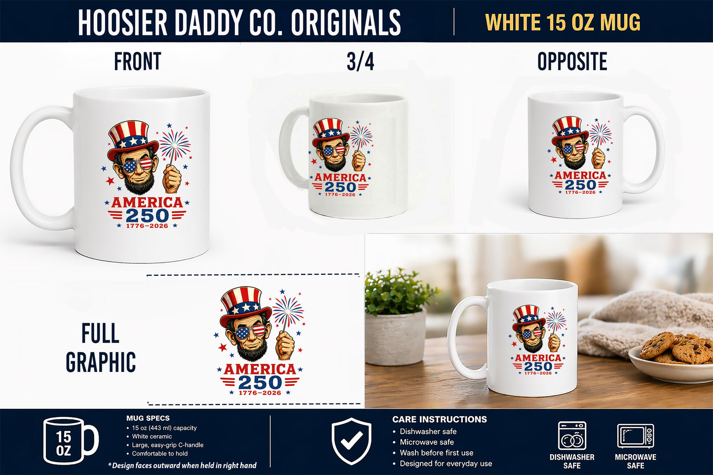 White mug with 'America 250' design featuring Uncle Sam, displayed from multiple angles with product details.