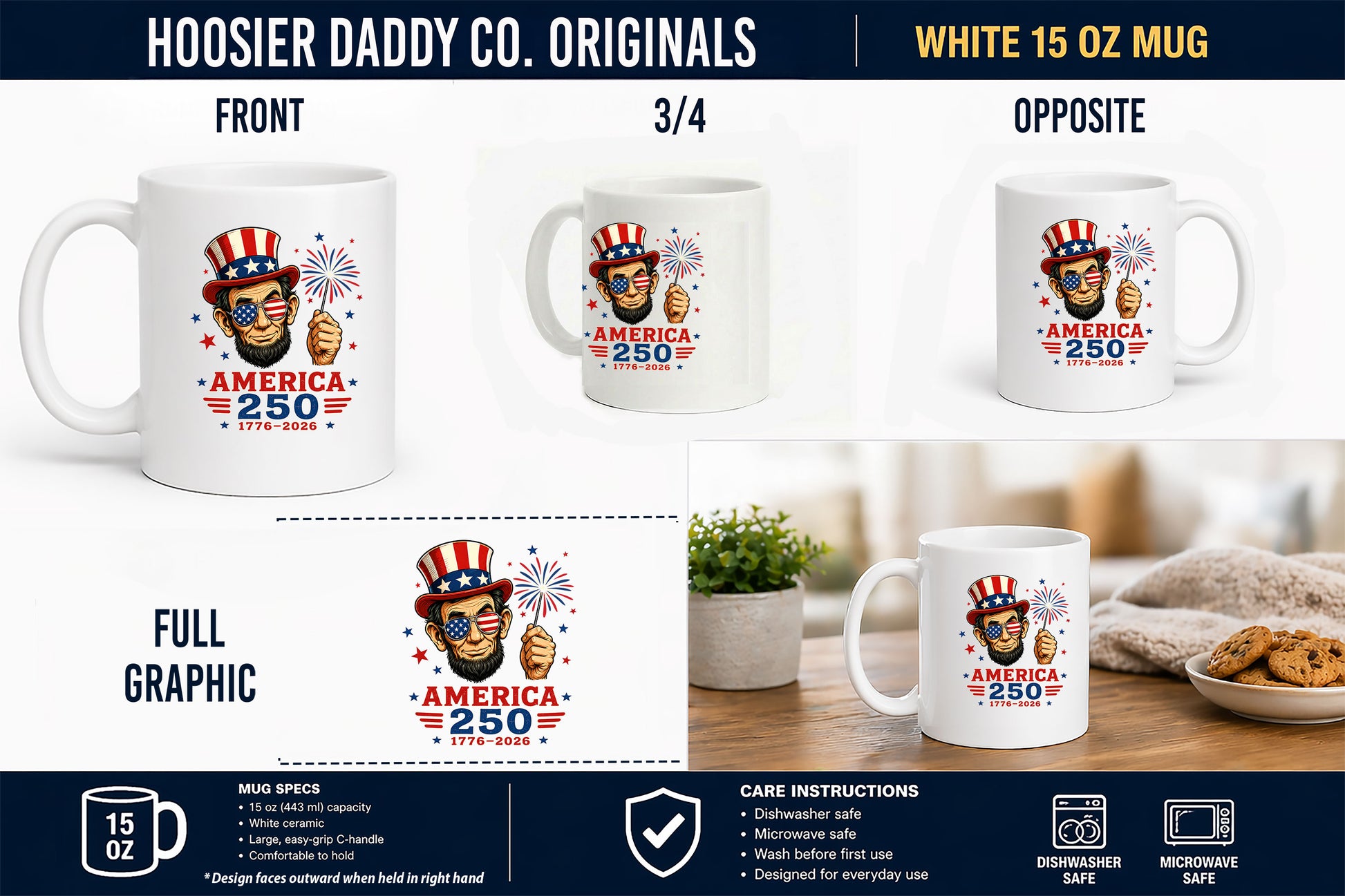 White mug with 'America 250' design featuring Uncle Sam, displayed from multiple angles with product details.