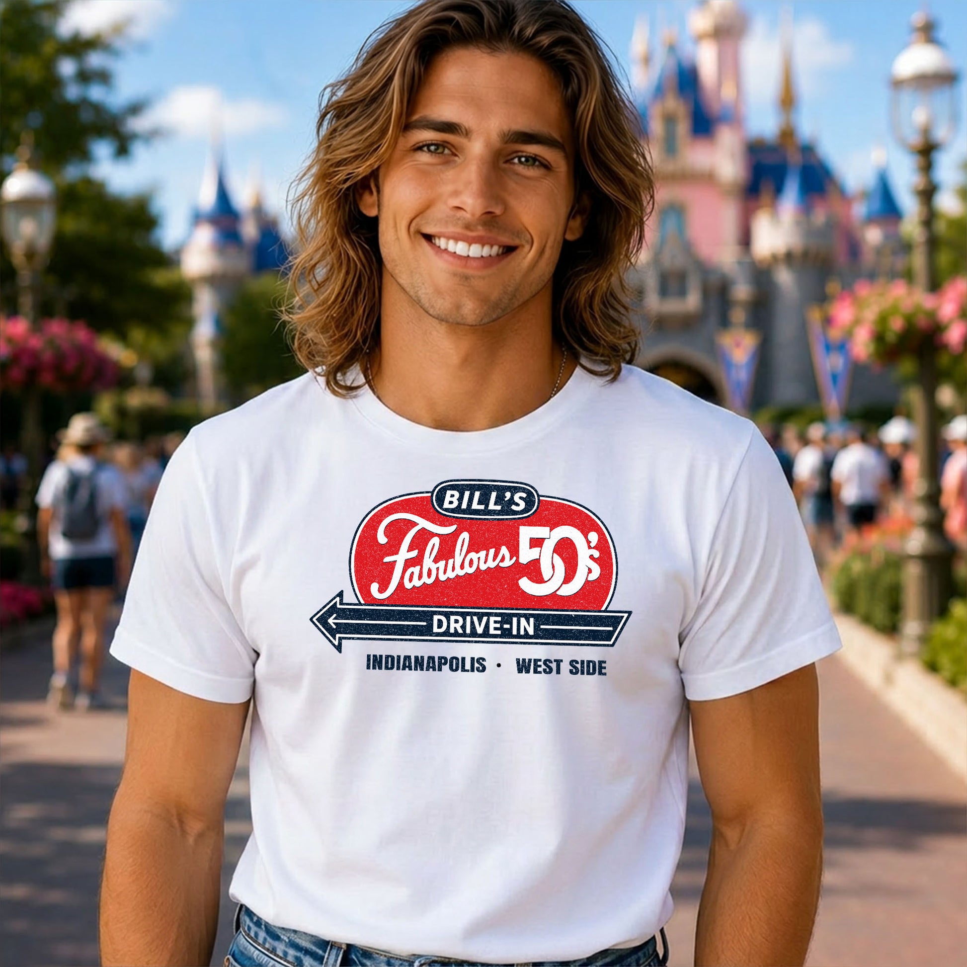 Man wearing a Bill's Fabulous 50's Drive-In Indianapolis west side nostalgia t-shirt featuring vintage drive-in sign artwork.