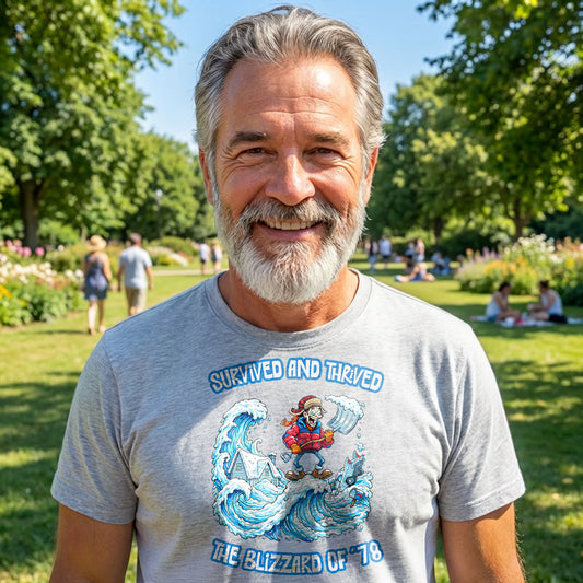 Smiling man wearing Blizzard of 78 t-shirt outdoors in park on sunny day