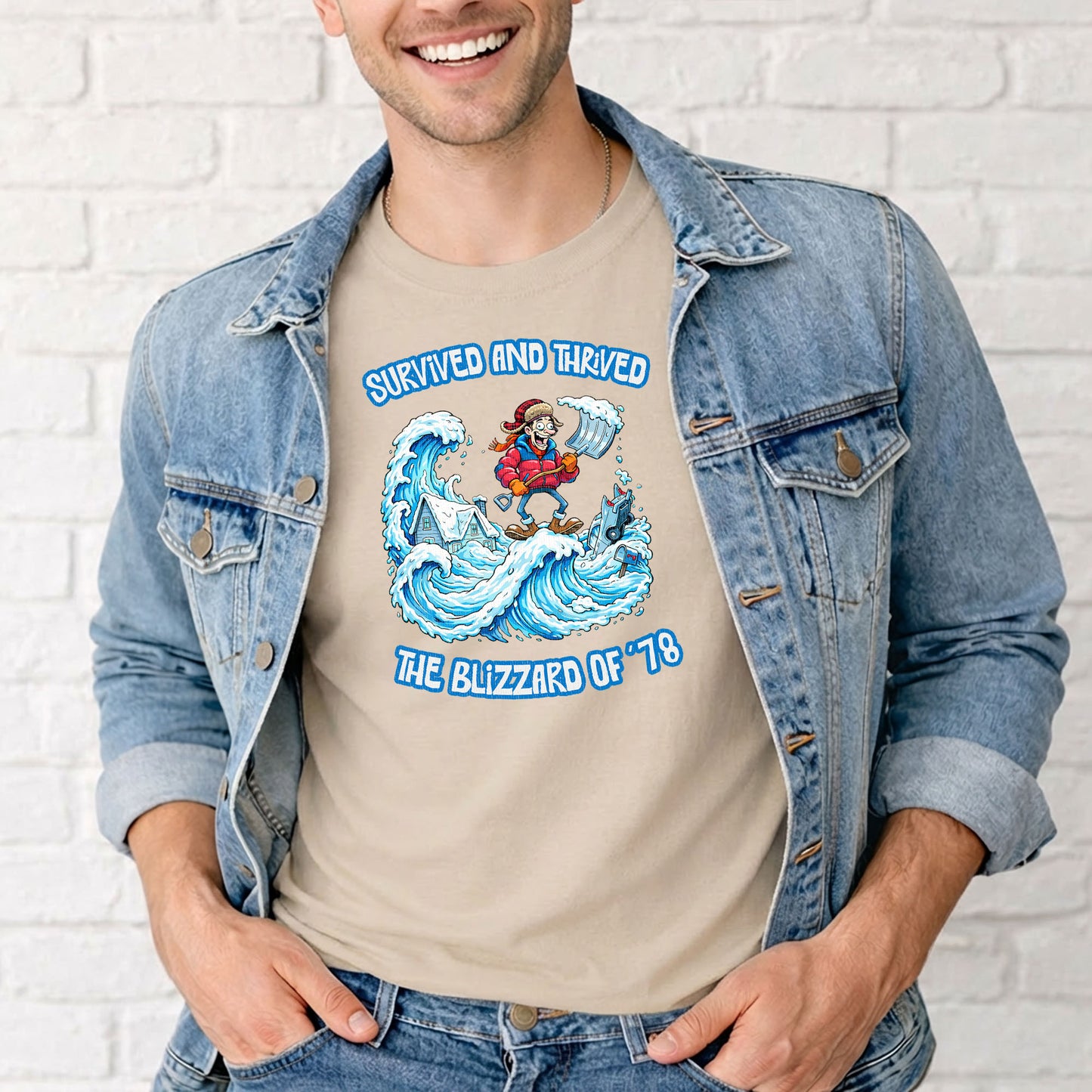 Man wearing Indiana nostalgia t-shirt featuring winter storm cartoon design