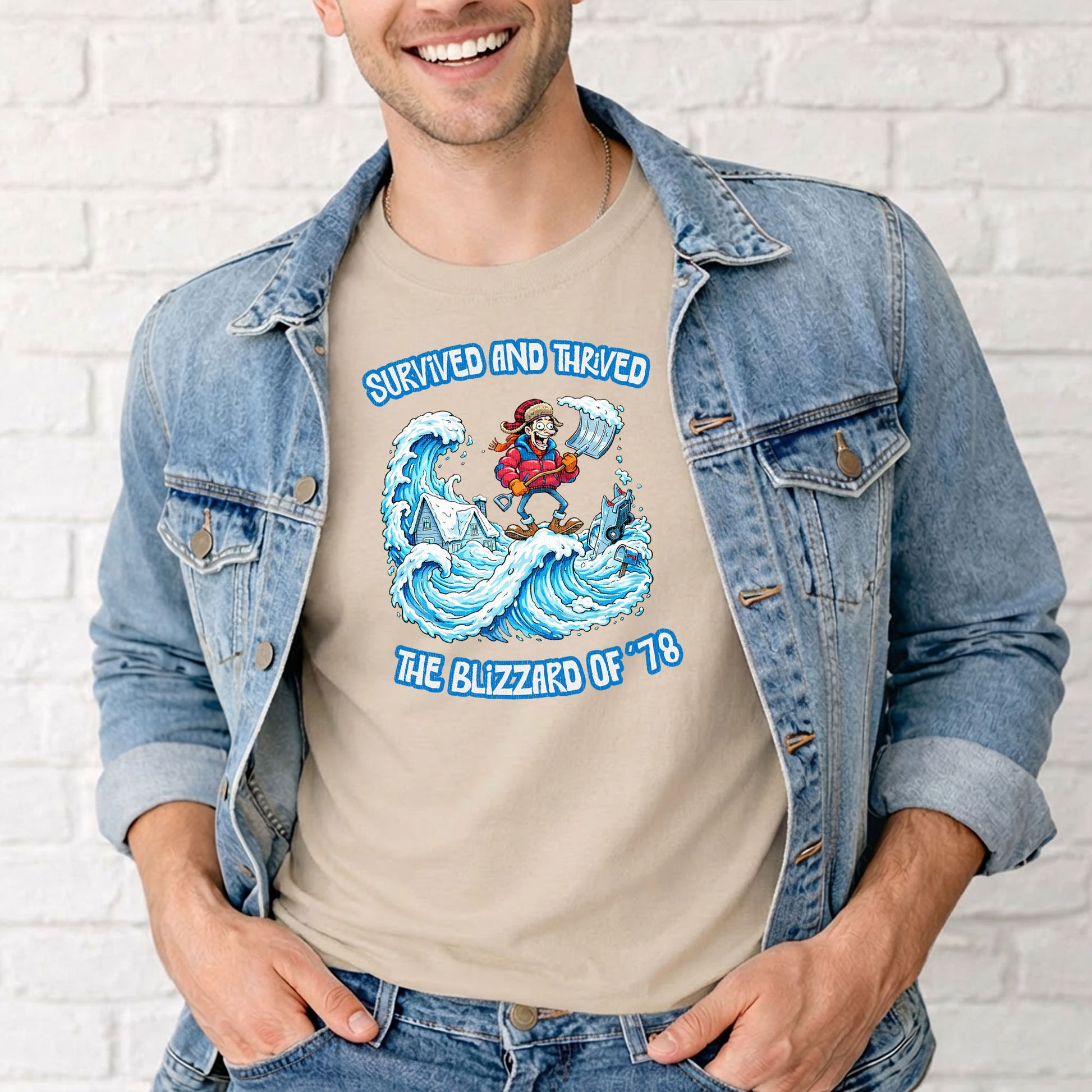 Man wearing Indiana nostalgia t-shirt featuring winter storm cartoon design