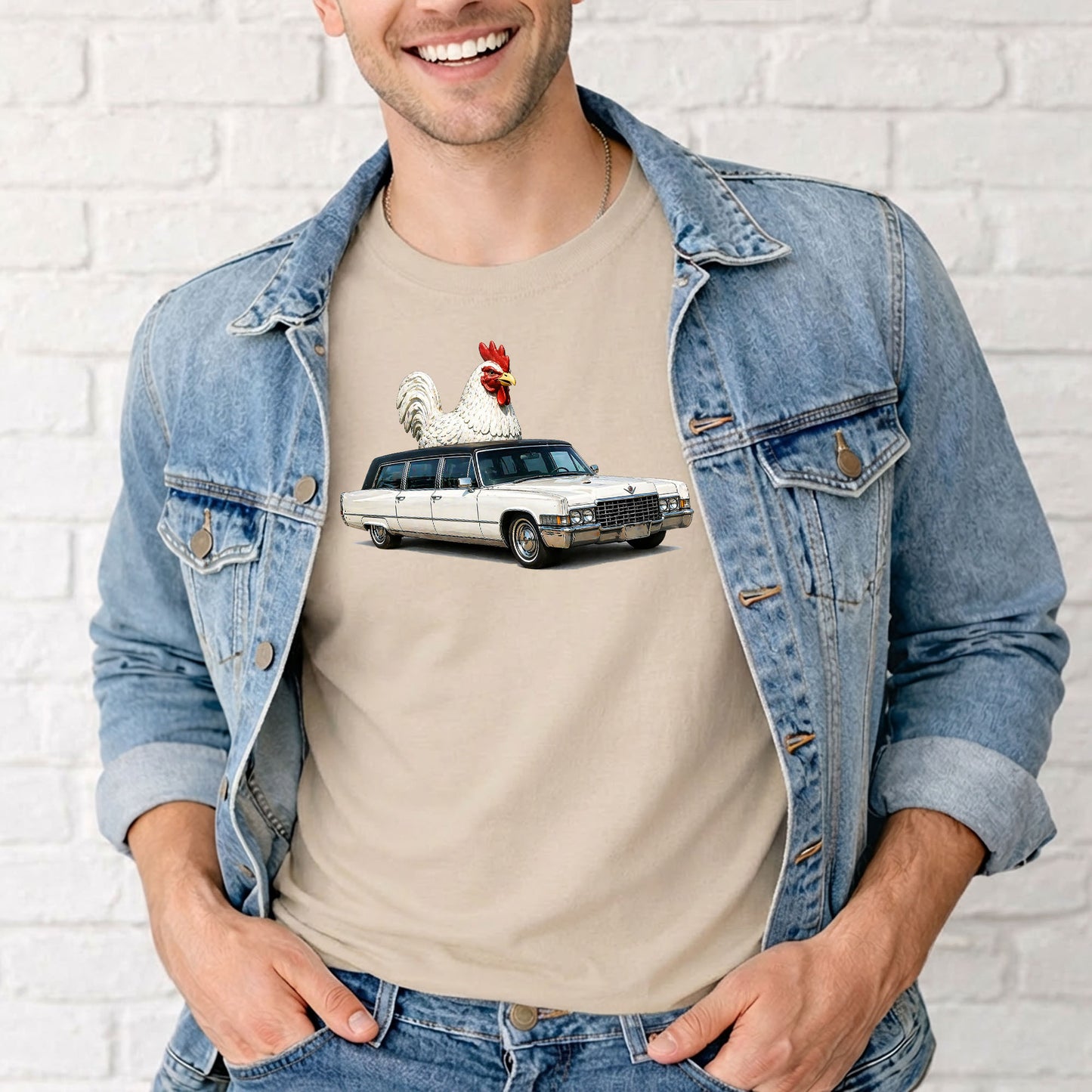 man in novelty chicken car graphic t-shirt smiling casual lifestyle