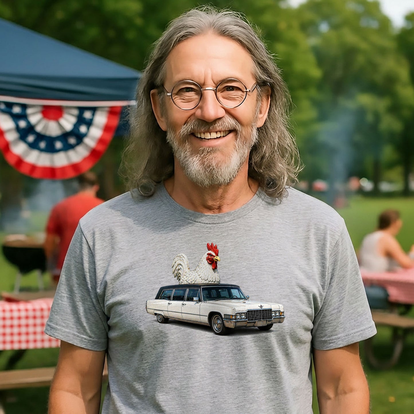 man wearing funny chicken limo t-shirt casual outdoor setting