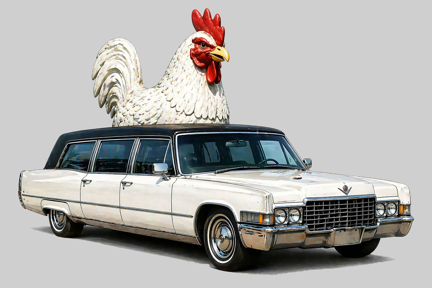 close-up of chicken on limousine graphic on Gildan 5000 shirt