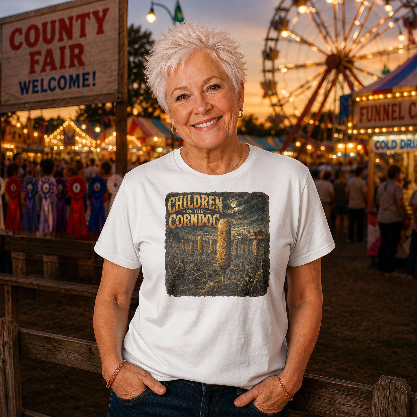 Older woman wearing Children of the Corndog Indiana State Fair parody t-shirt at carnival