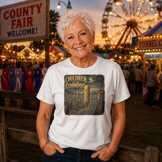 Older woman wearing Children of the Corndog Indiana State Fair parody t-shirt at carnival