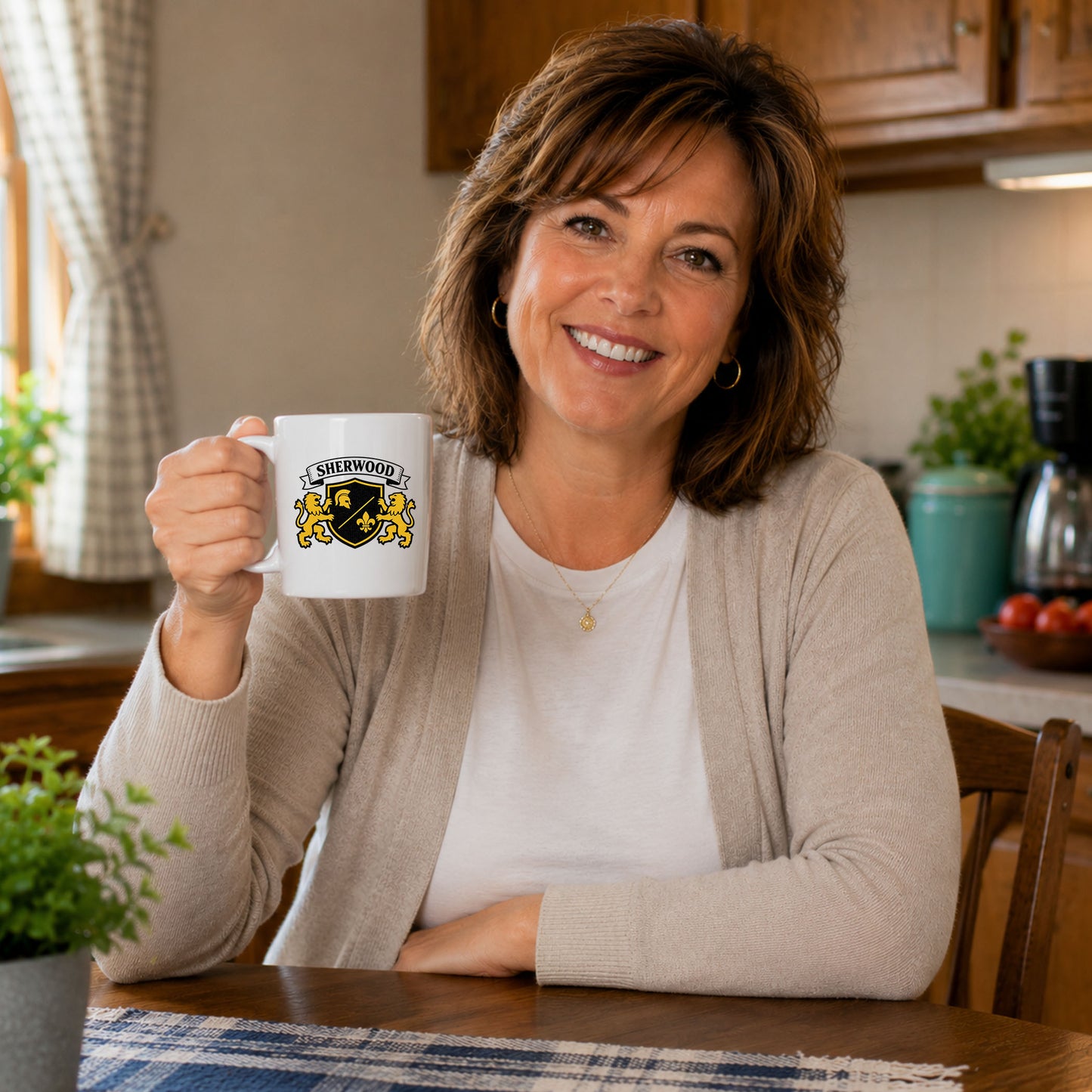 Woman holding white Sherwood Country Club nostalgia coffee mug while sitting at a kitchen table in a cozy home kitchen