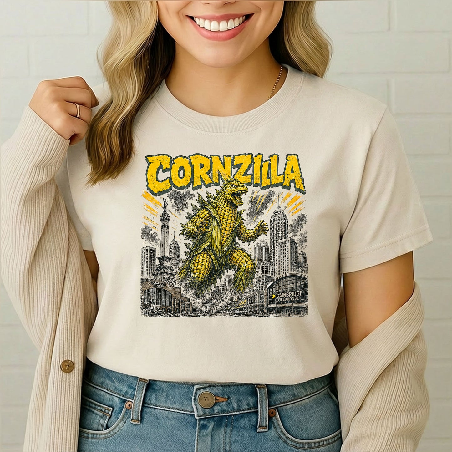 Woman wearing Cornzilla Indianapolis monster movie t-shirt with vintage Indiana monster artwork