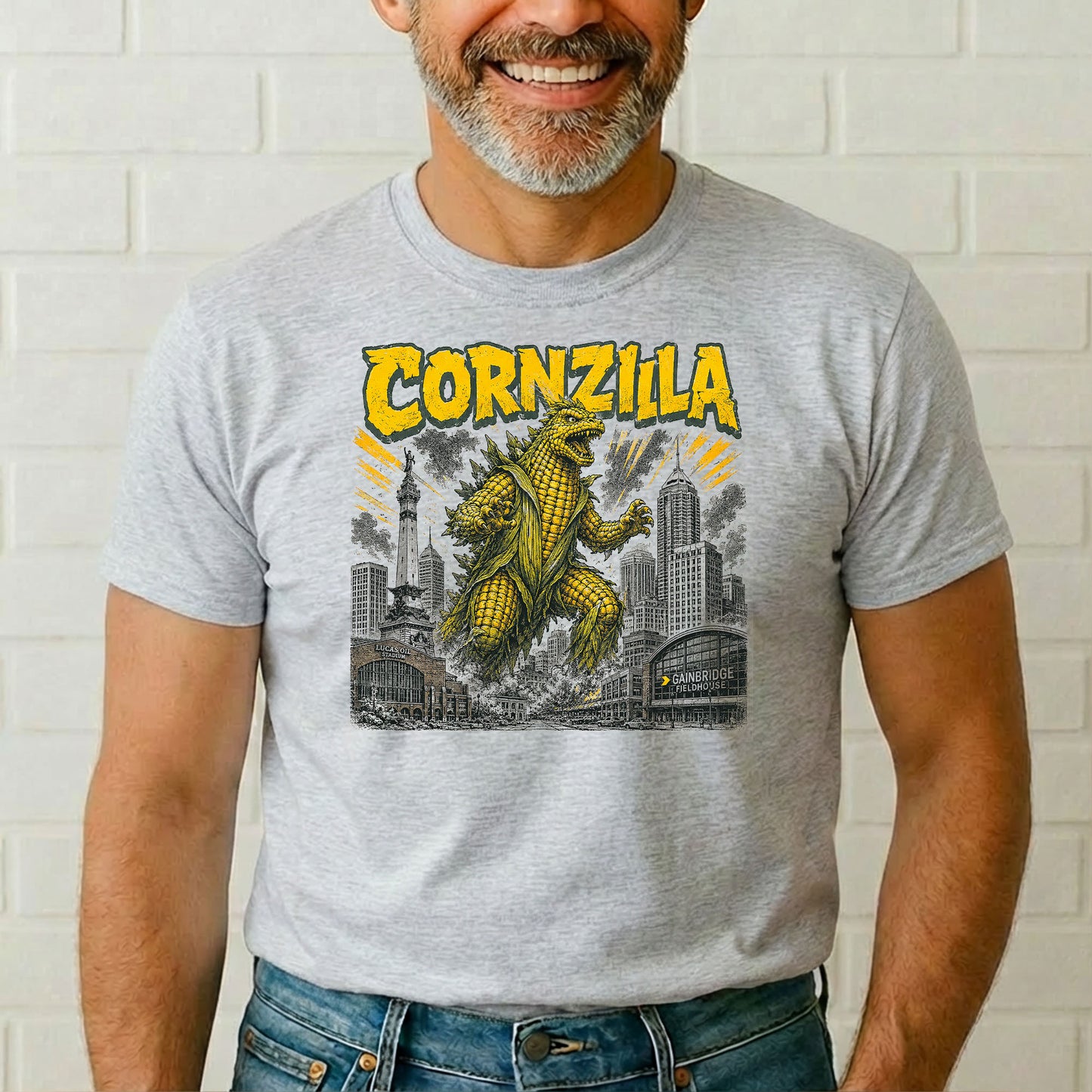 Man wearing Cornzilla Indianapolis monster movie t-shirt with giant corn kaiju design