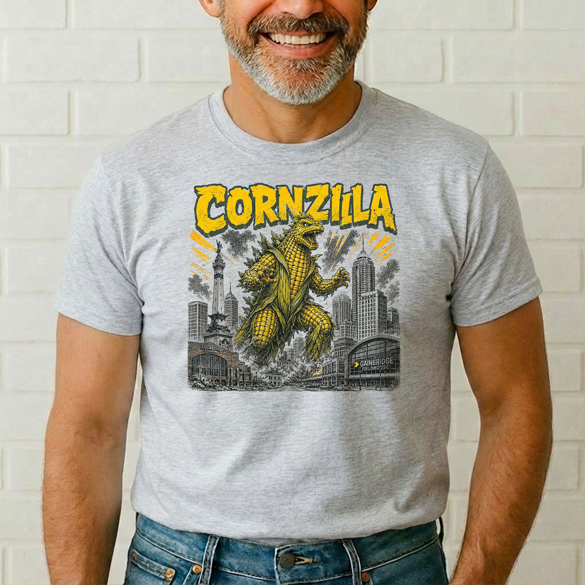 Man wearing Cornzilla Indianapolis monster movie t-shirt with giant corn kaiju design