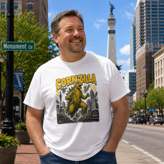 Middle-aged man wearing Cornzilla Indianapolis monster movie t-shirt on Monument Circle in downtown Indianapolis