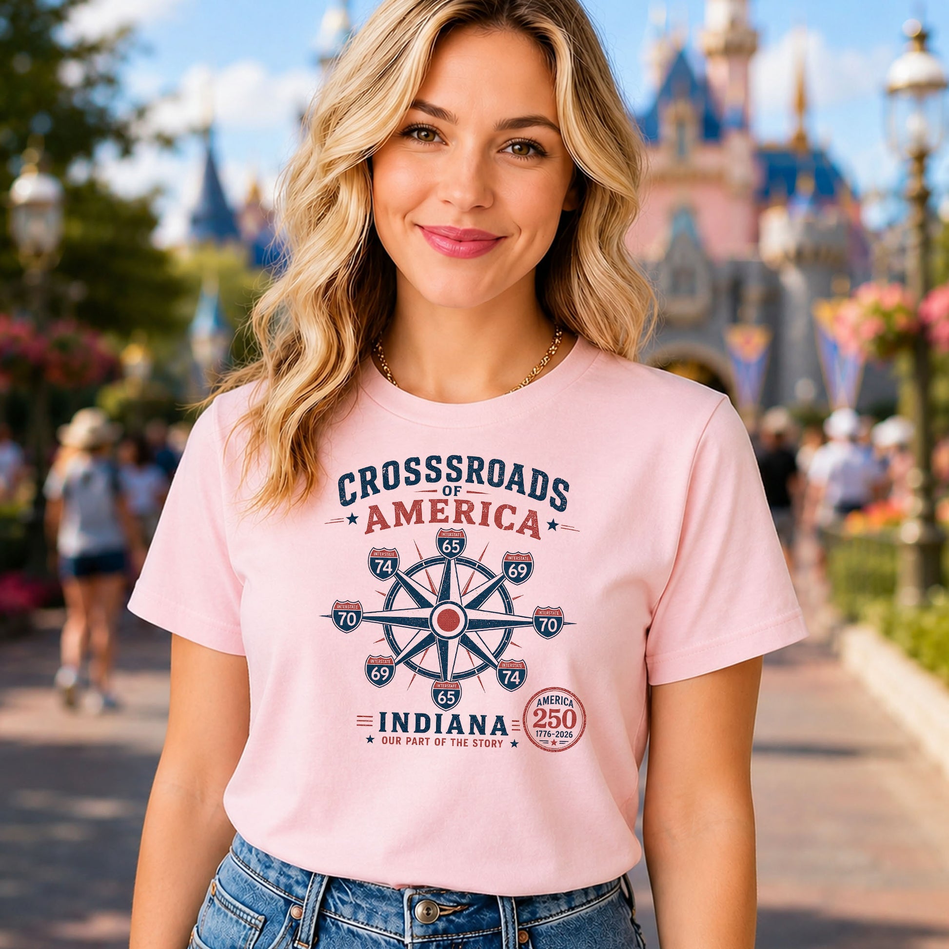 Woman wearing a vintage Indiana Crossroads of America t-shirt featuring interstate compass artwork with Indianapolis center hub and America 250 design.
