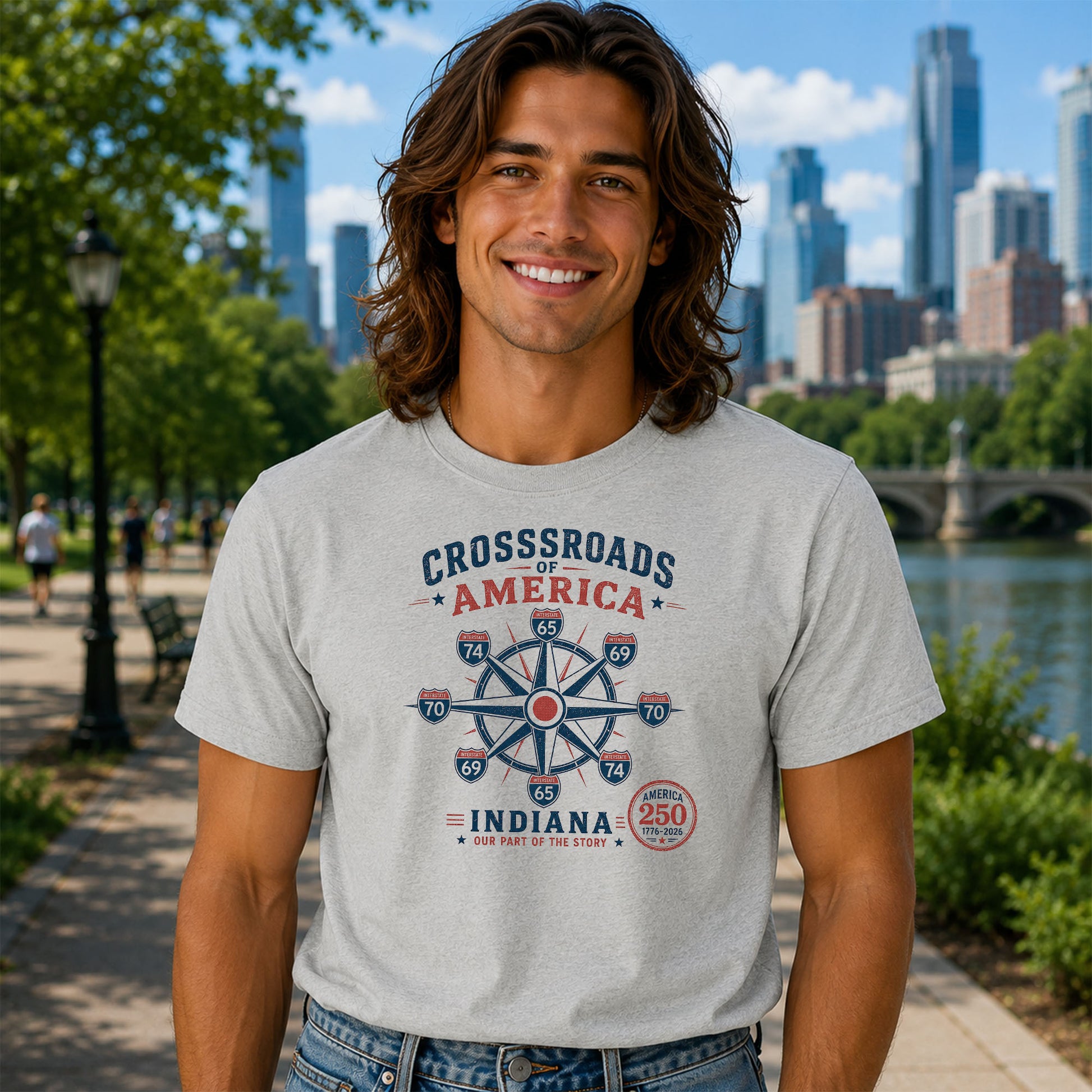 Man wearing a vintage Indiana Crossroads of America t-shirt featuring interstate compass artwork with Indianapolis center hub and America 250 design.