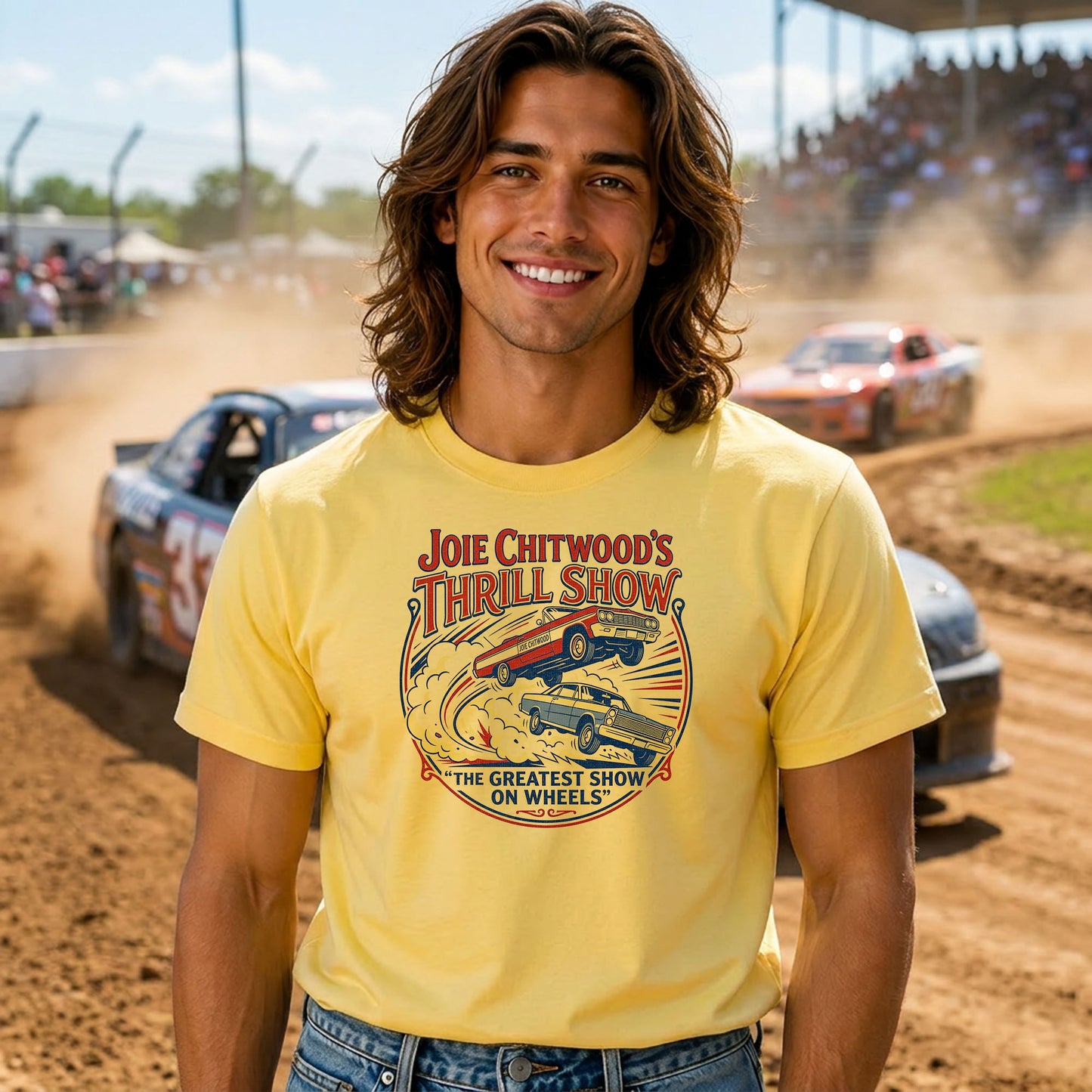 Man wearing a Joie Chitwood's Thrill Show Indiana State Fair nostalgia t-shirt featuring vintage stunt-driving artwork.