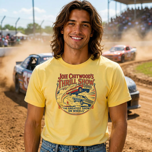 Man wearing a Joie Chitwood's Thrill Show Indiana State Fair nostalgia t-shirt featuring vintage stunt-driving artwork.