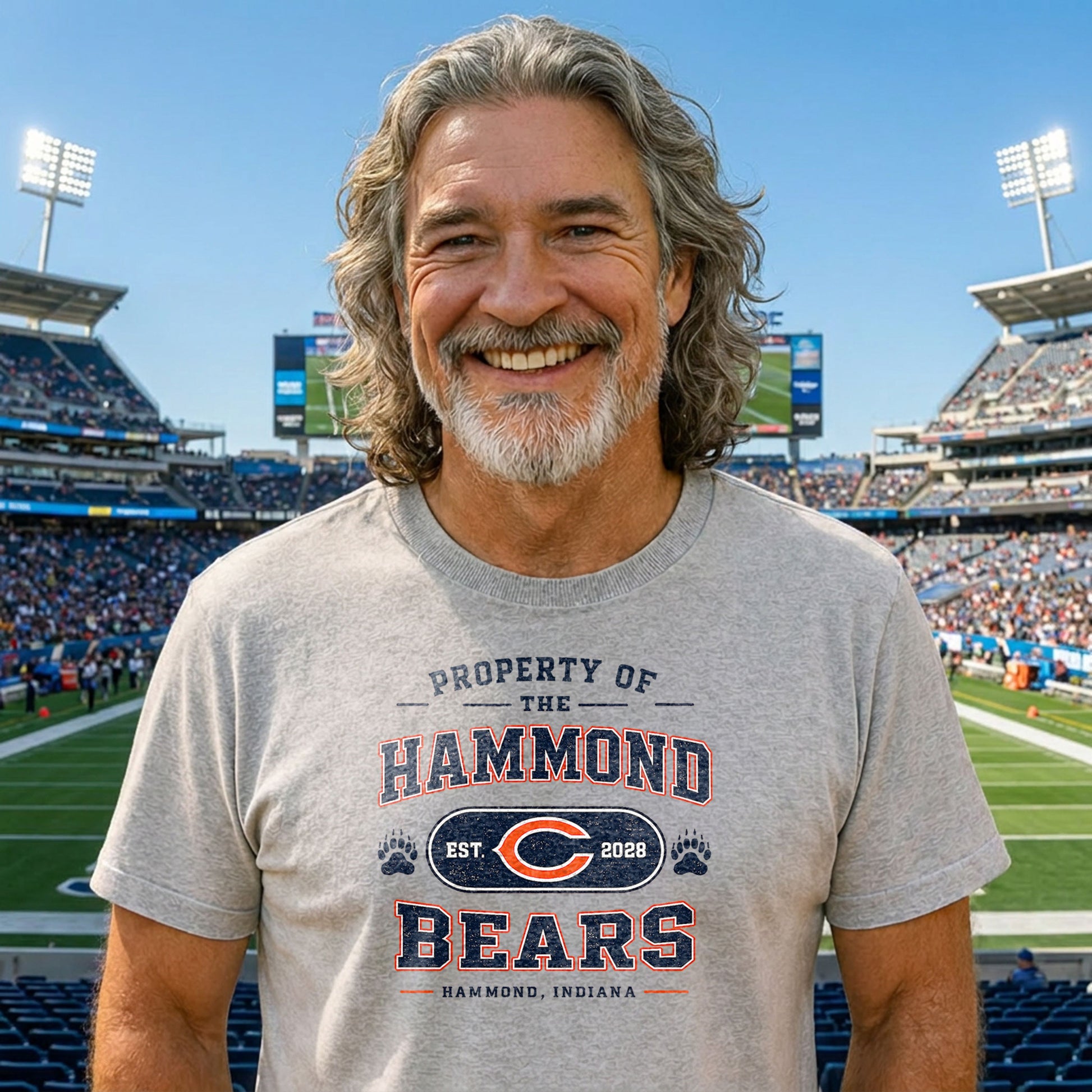 Man wearing a Property of the Hammond Bears parody football t-shirt featuring vintage athletic department styling and Hammond Indiana lettering.