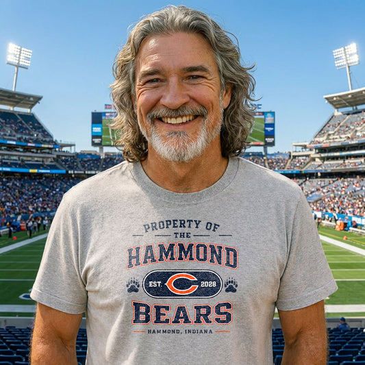 Man wearing a Property of the Hammond Bears parody football t-shirt featuring vintage athletic department styling and Hammond Indiana lettering.