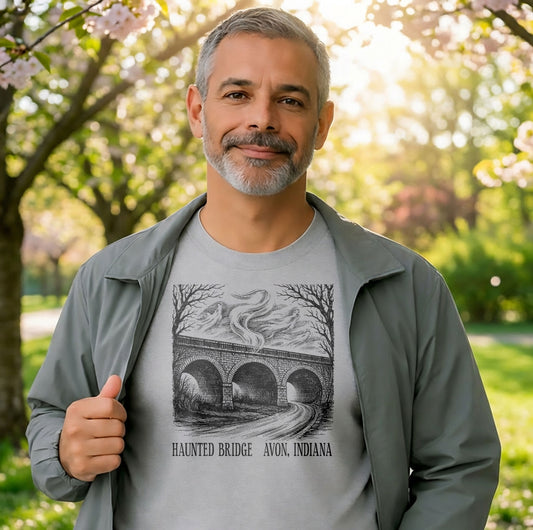 man wearing haunted bridge avon indiana vintage graphic t shirt outdoors