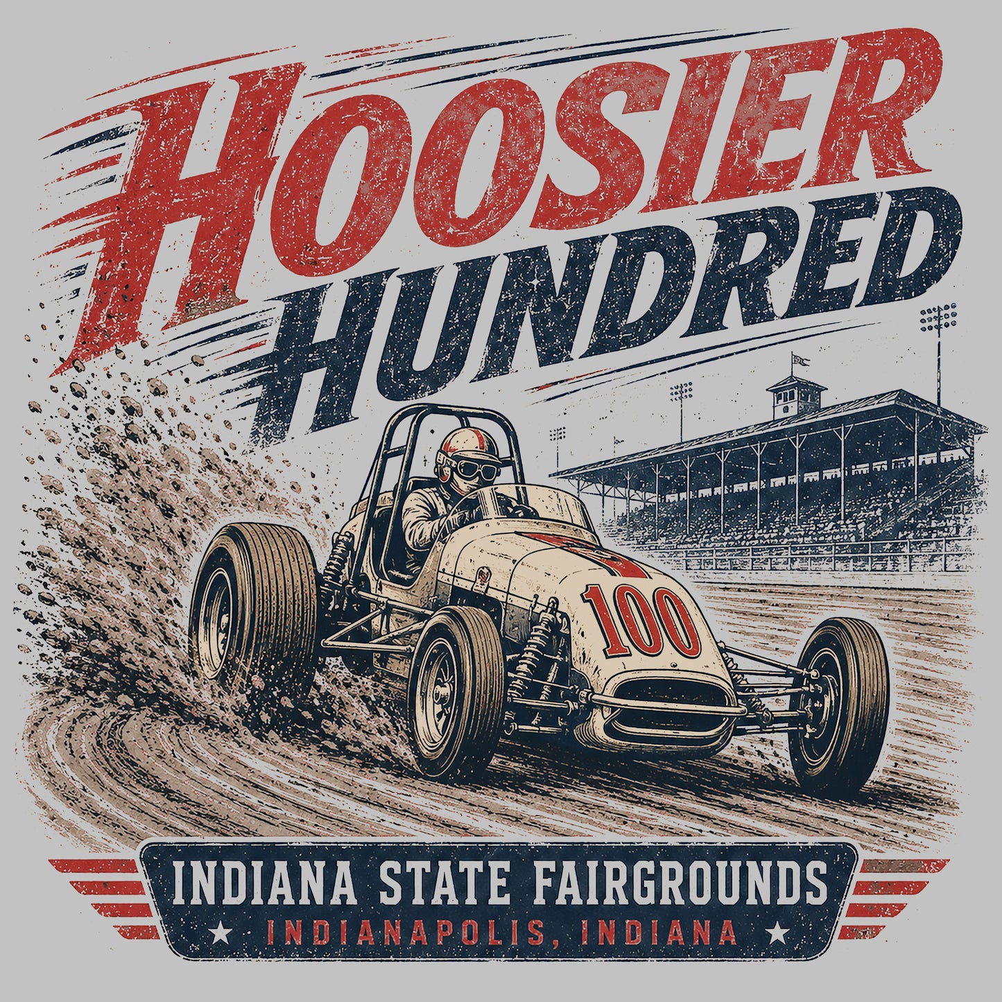 Vintage Hoosier Hundred t-shirt featuring a classic open-wheel dirt-track race car sliding through the Indiana State Fairgrounds with distressed retro racing artwork.