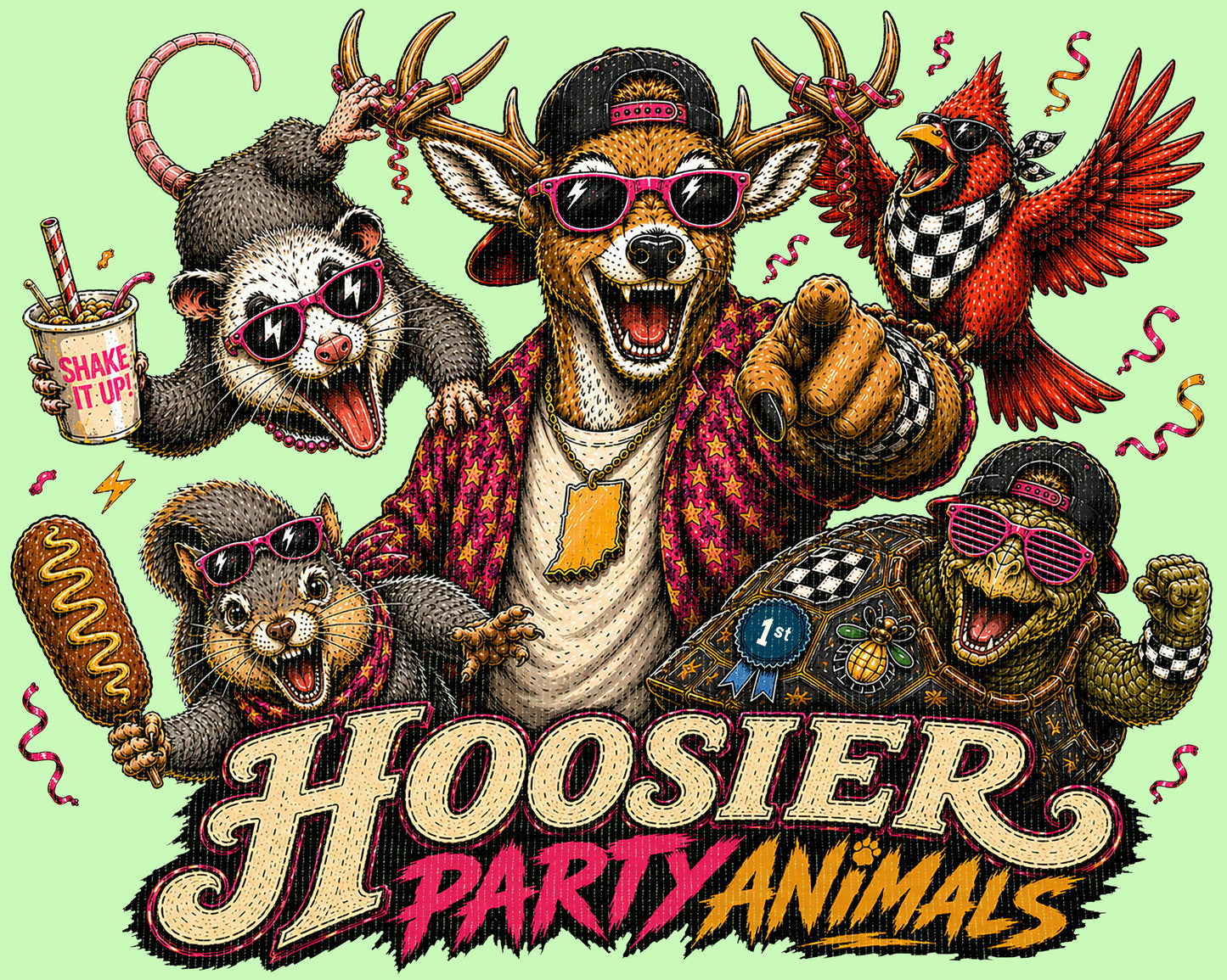 Colorful Hoosier Party Animals design featuring wild Indiana woodland animals with fair and party-themed energy in a vintage mascot illustration style.