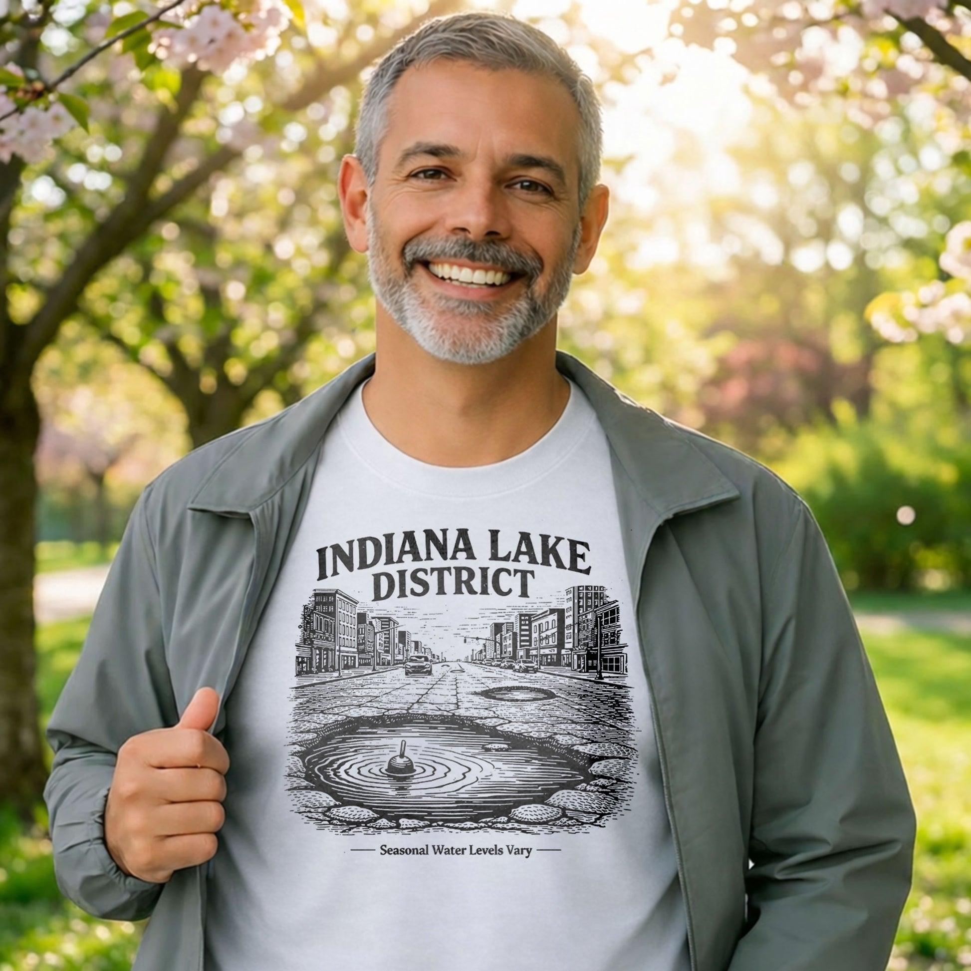 man wearing indiana lake district vintage humor graphic t shirt outdoors