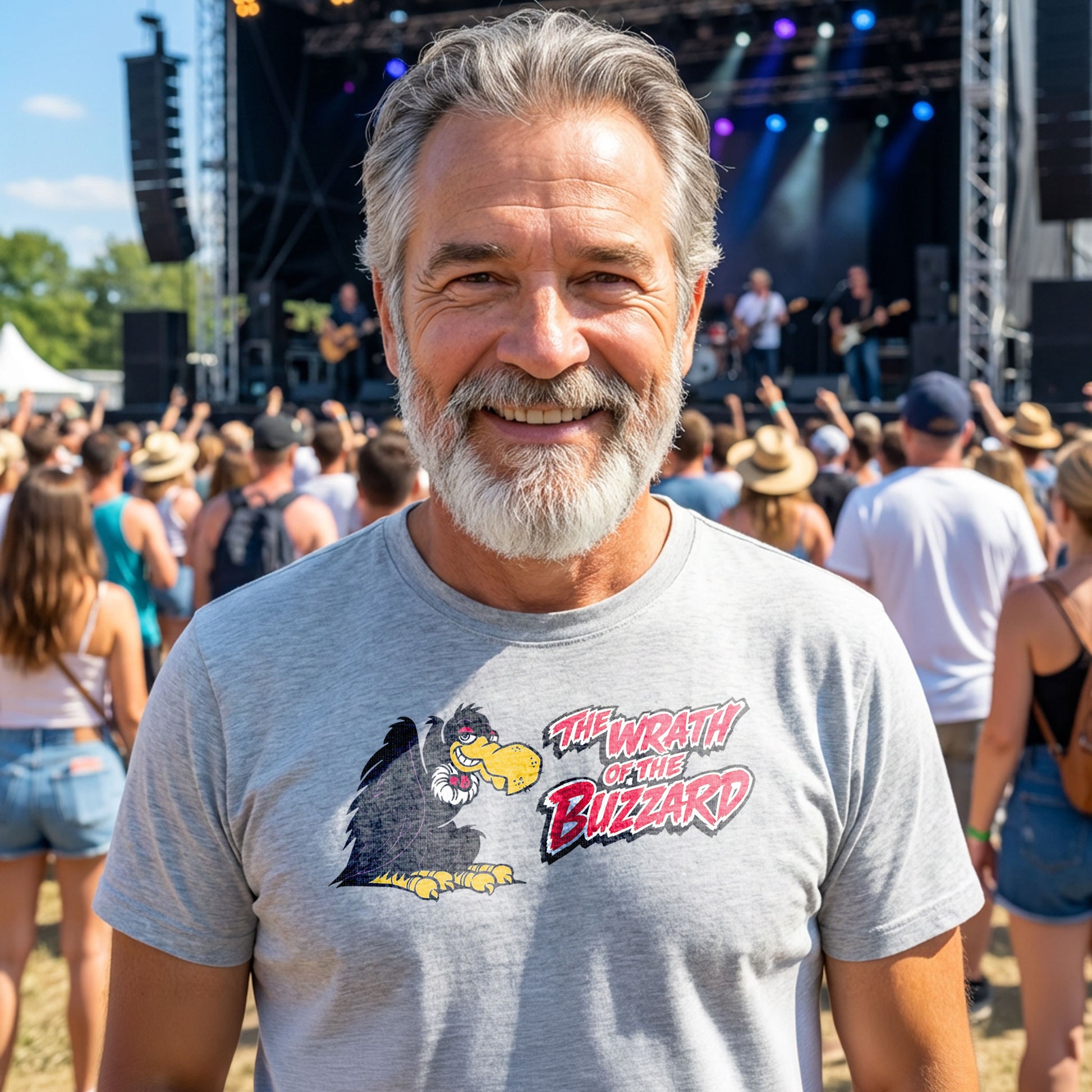 Man wearing Wrath of the Buzzard Indianapolis radio t shirt at outdoor concert crowd