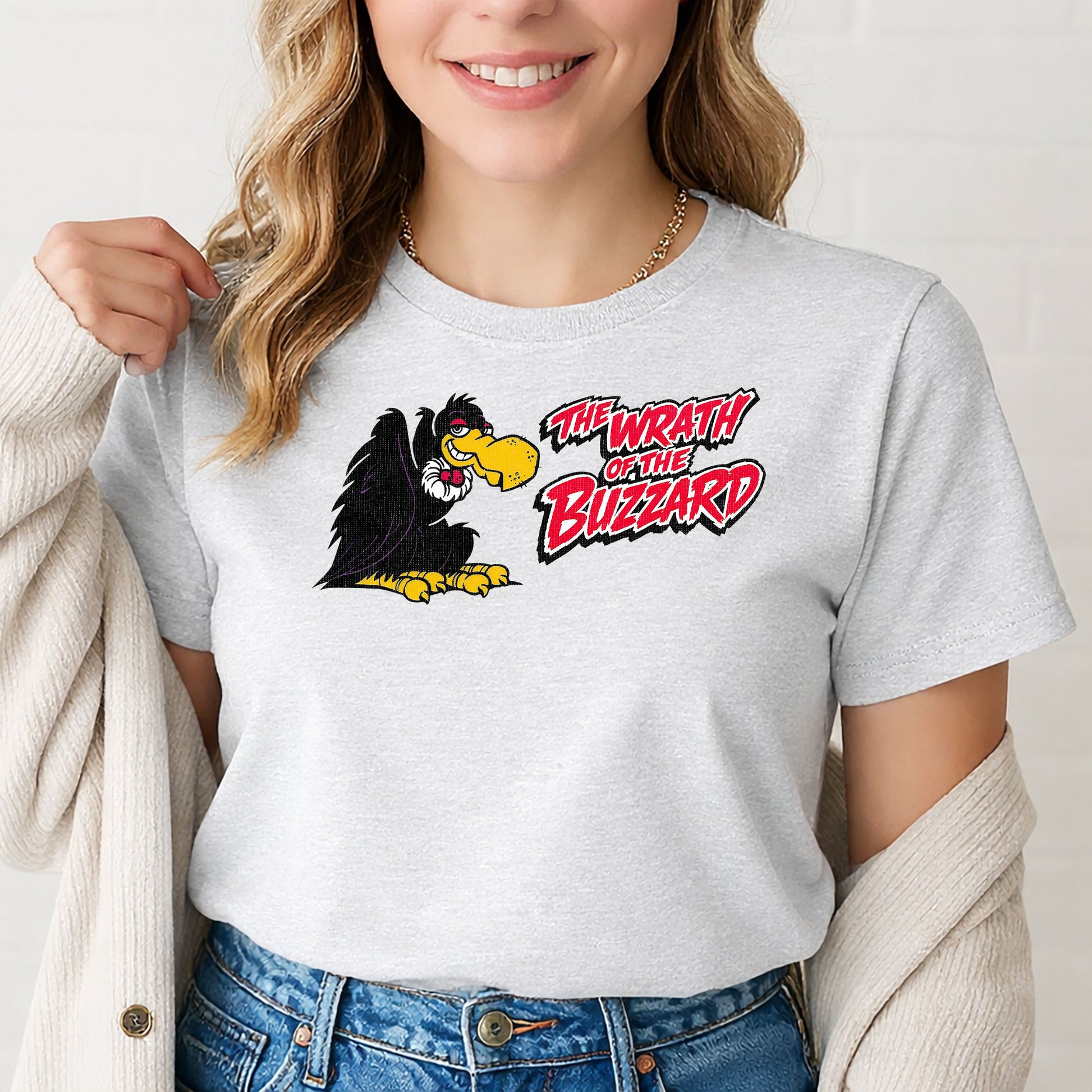 Woman wearing retro Indy radio buzzard graphic t shirt styled casually

4. Studio Front