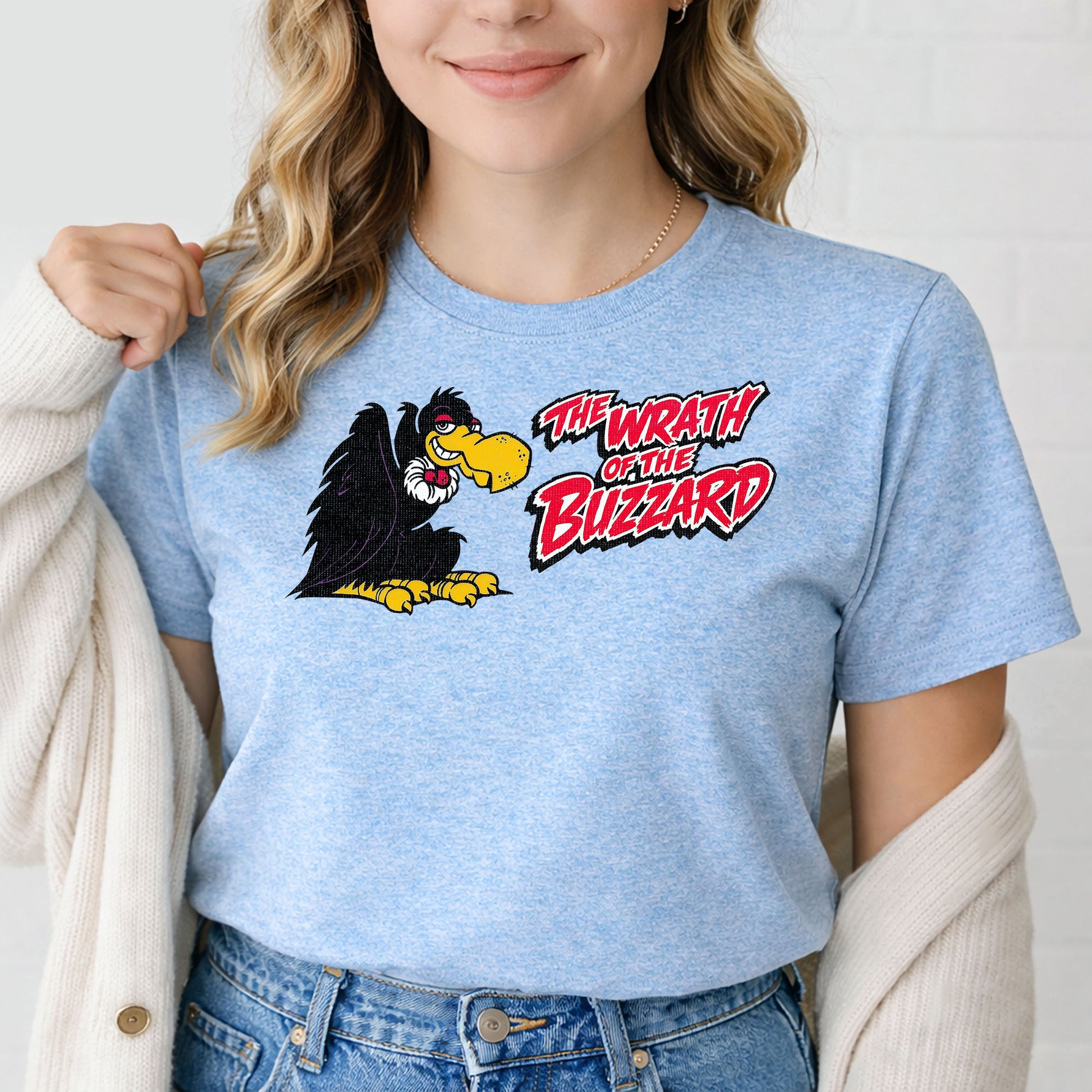 Woman wearing retro Indy radio buzzard graphic t shirt styled casually


