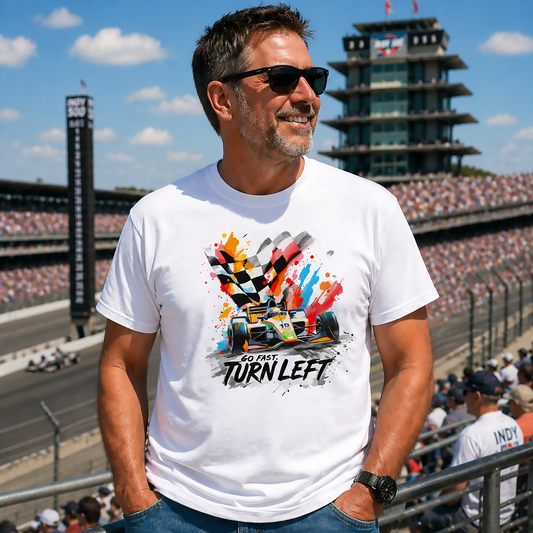 Colorful Indy-style race car graphic with checkered flags and text Go Fast Turn Left