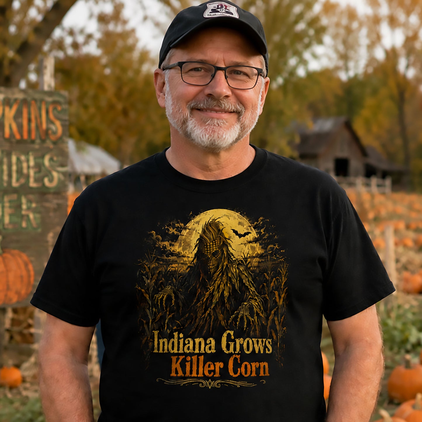 Middle-aged man wearing Indiana Grows Killer Corn scarecrow horror t-shirt at pumpkin patch