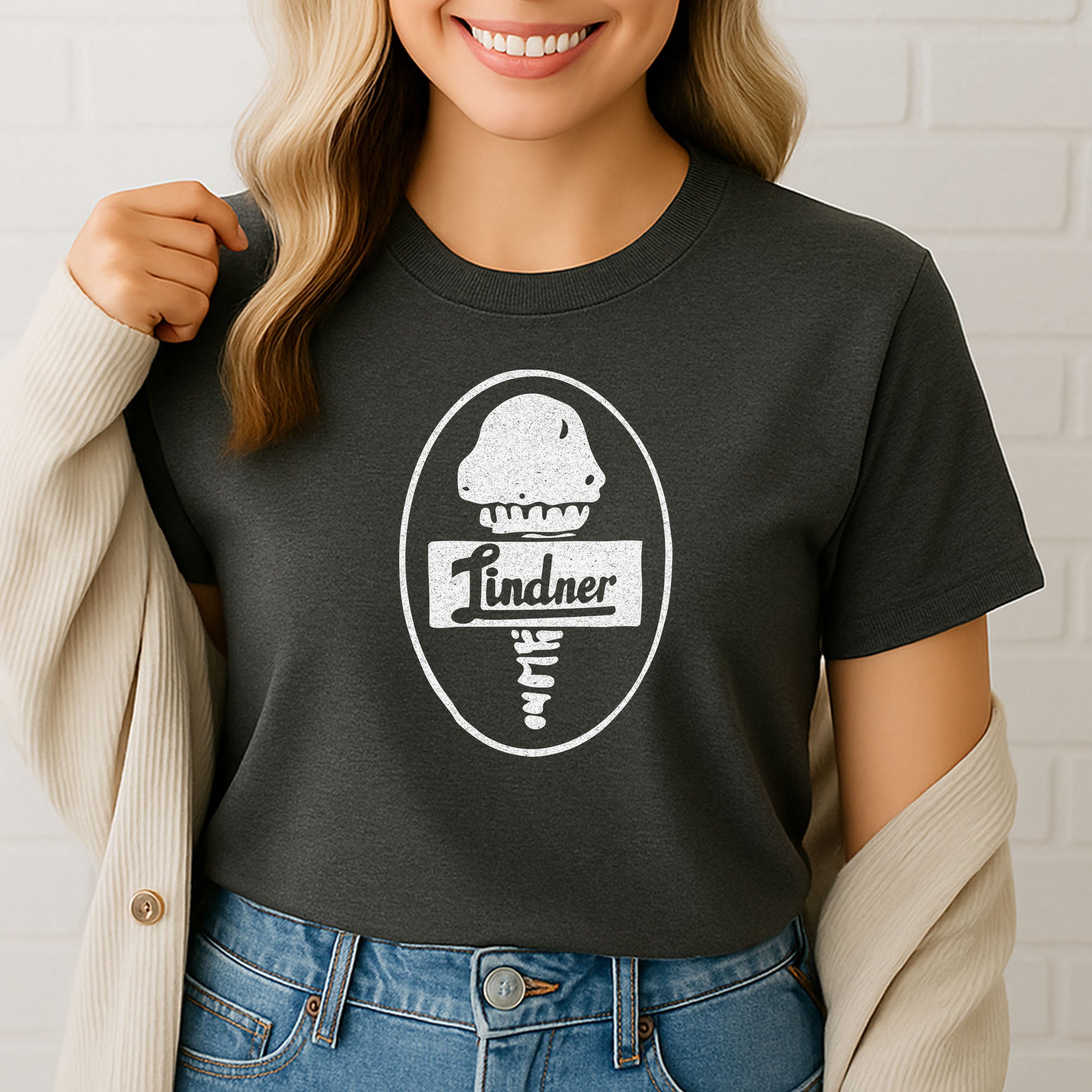 woman wearing Lindner ice cream t shirt retro dairy stand graphic casual outfit