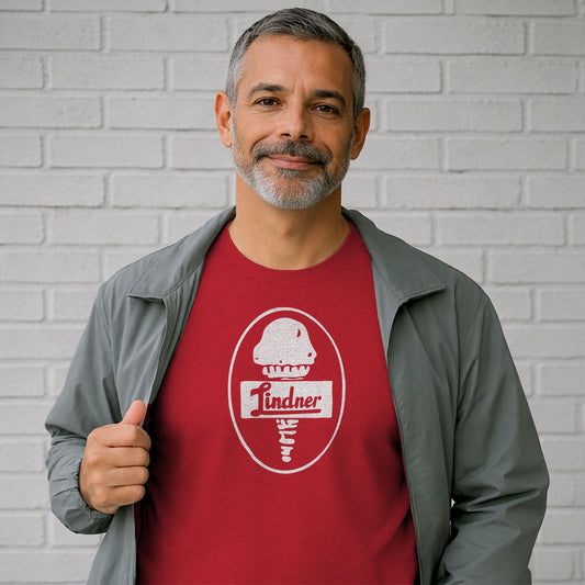 man wearing vintage Lindner ice cream t shirt red shirt retro graphic Midwest nostalgia
