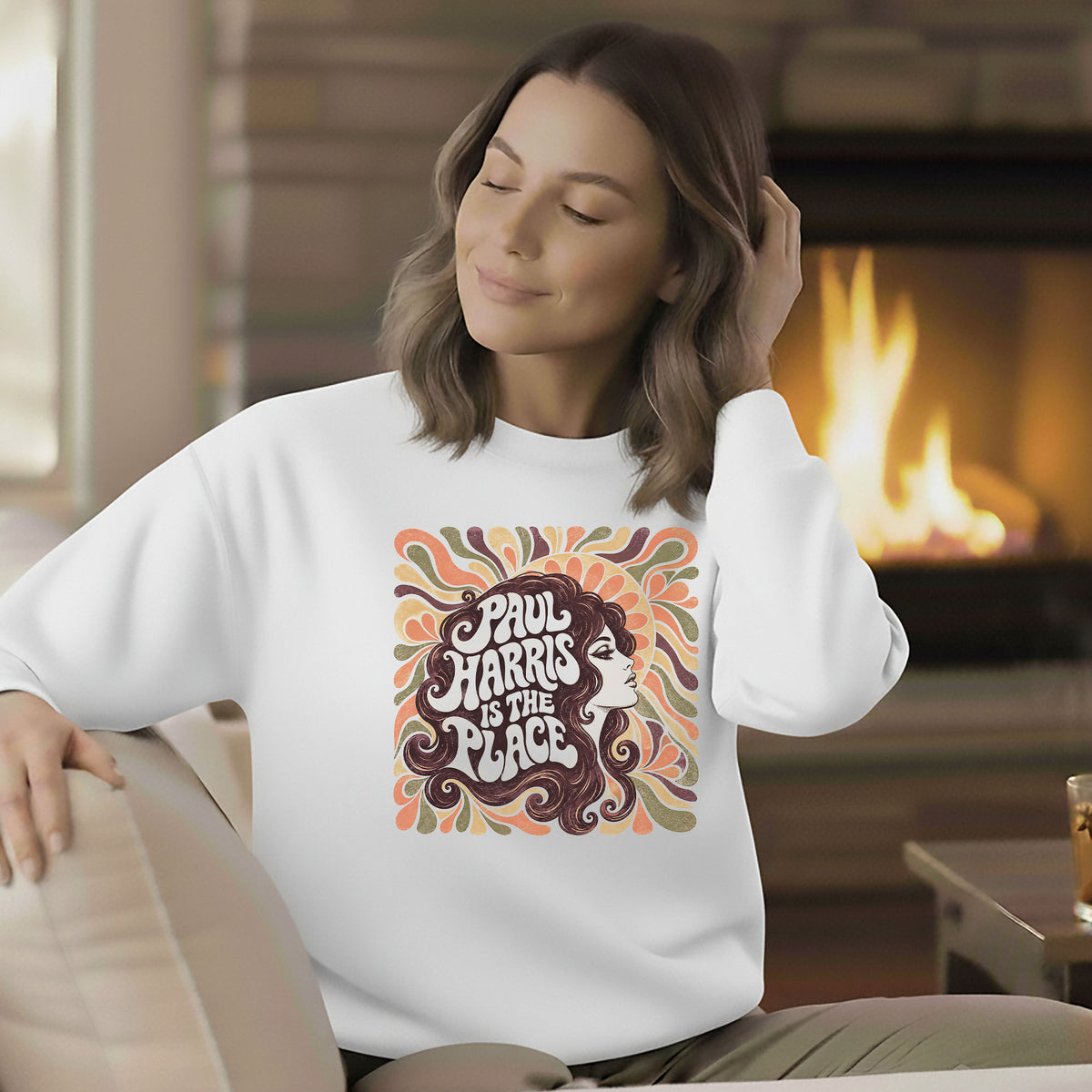 Vintage Indiana Paul Harris Is The Place sweatshirt graphic featuring a retro woman surrounded by colorful late-1960s psychedelic artwork.