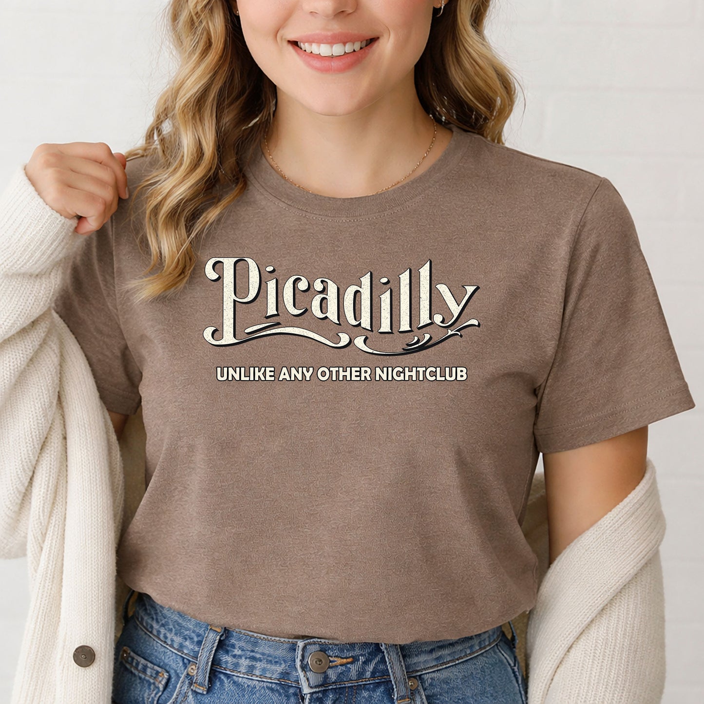 female model wearing picadilly eagledale indiana nightlife shirt casual setting