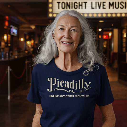 woman wearing picadilly nightclub t-shirt at vintage style bar indianapolis westside