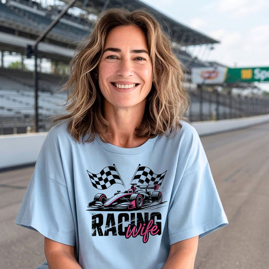 woman wearing racing wife t shirt at race track indy style motorsport graphic tee