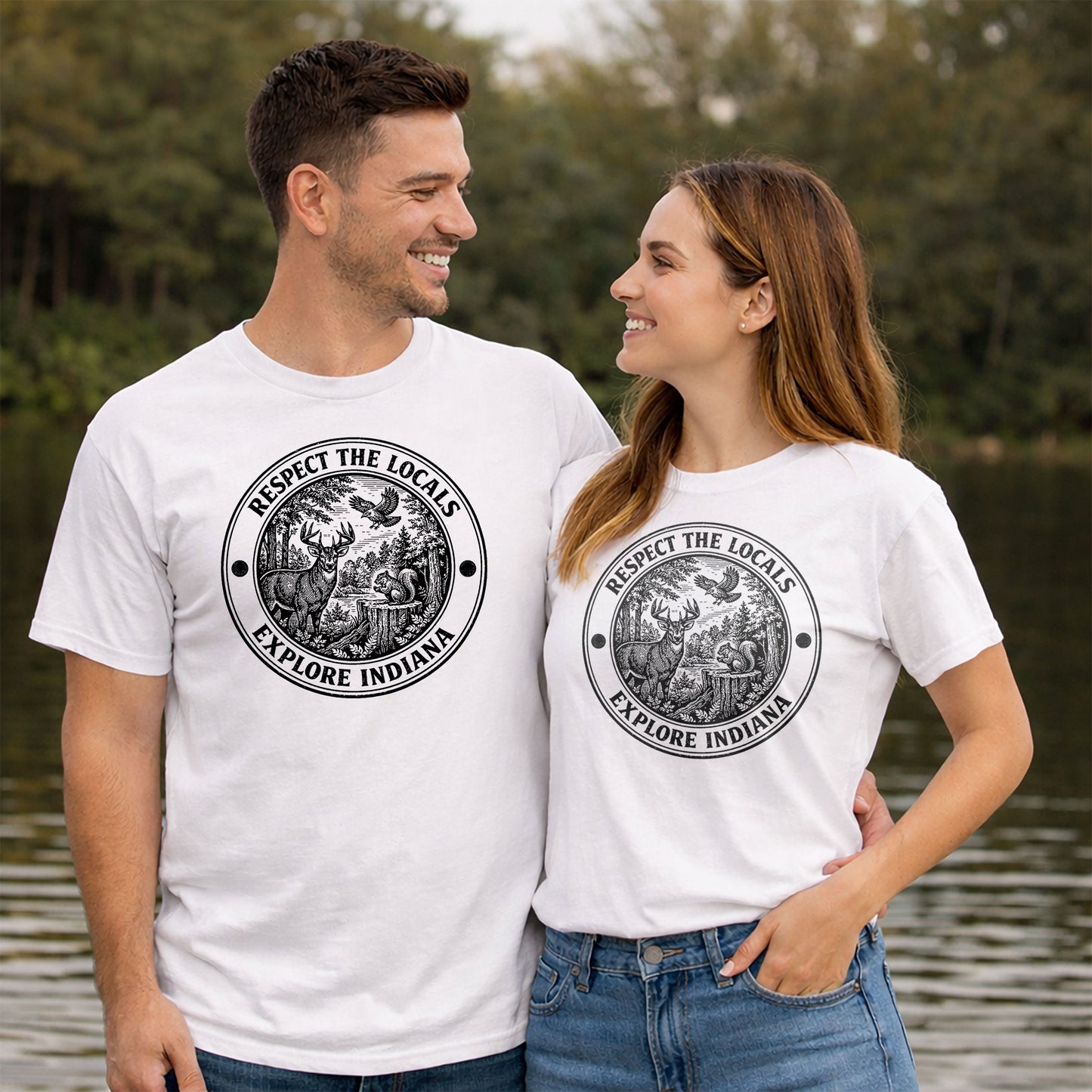 couple wearing matching respect the locals explore indiana t shirts outdoor nature lifestyle